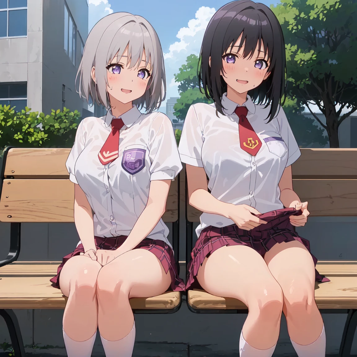 highest quality, Ultra-high resolution, (Realistic: )2D official style cel animation,((2Girls sitting in a row))high school girl、ponytail、White Big Ribbon、Short Bob、Hair band、Grey mini skirt,summer shirt,Unbutton、(Lace panties、Lace bra),loose socks,Full body portrait,(From below),Station stairs,sunny,Spread your legs、blush、happy