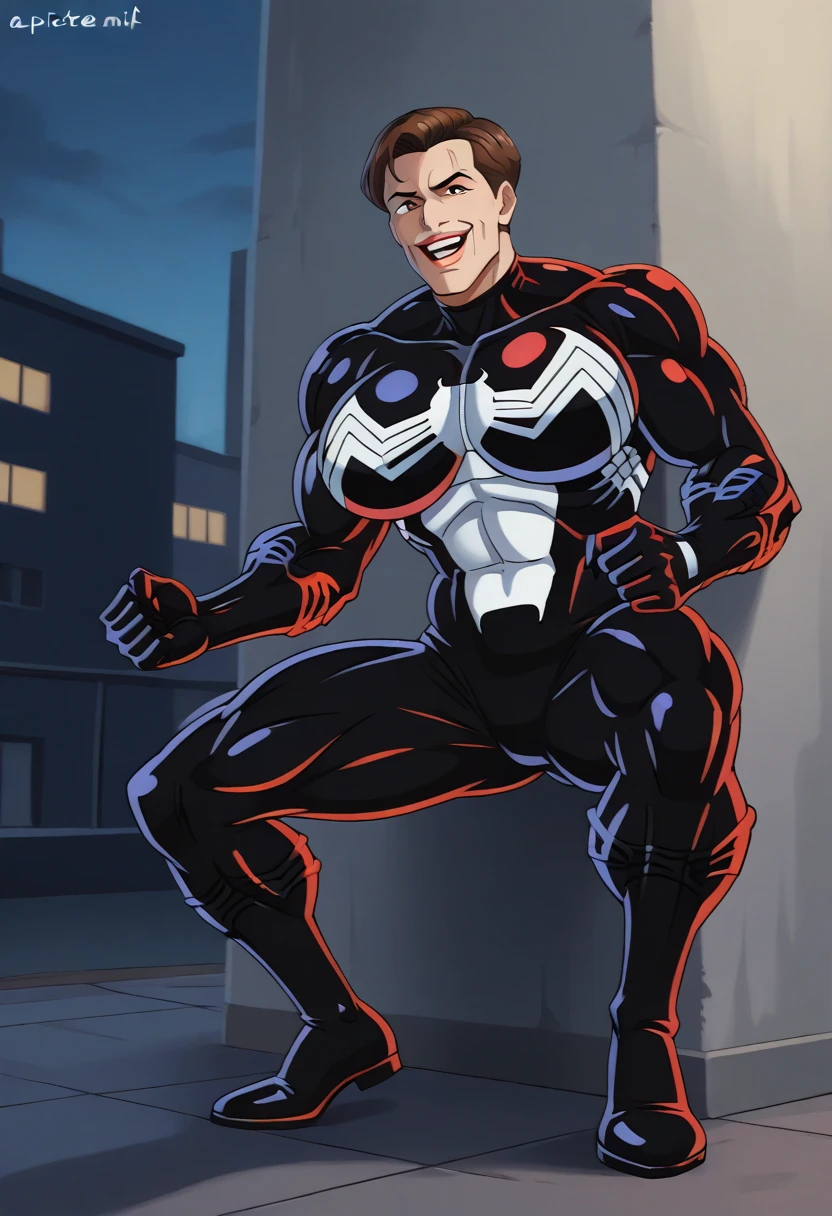 male, solo, ((((moxxie))), tail), solo anthro, male, detailed realistic photorealism, (by chunie:1), masterpiece, (best quality), (hi res, detailed, photorealistic:1.7), hyperrealistic, (detailed muscles:1.6),, ((sticking to wall)), (Spider-Man pose), looking at viewer, smile, flexing, (black suit:1.2), (perfect face, beautiful face), (white venom symbol on chest:1.3), (New York City skyline night:1.5), suspended in air,(( New York City:1.2)), ((red face)), (moxxie face only:1.6)), Venom, grin, ((cinematic lighting)), <lora:moxxie:1>, <lora:Symbiote:0.9>,