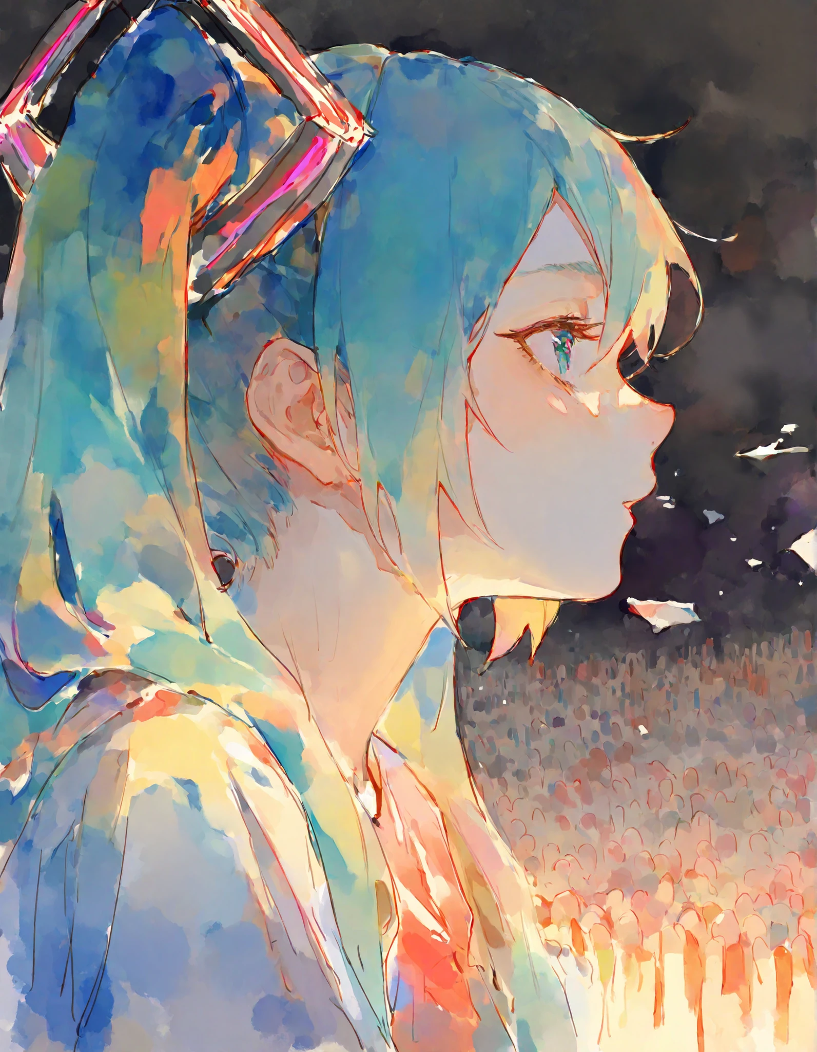 Masterpiece, best quality, is very beautiful,  Very Ava , high resolution, latest, definitely eye-catching,very detailed,
break
1 girl, solo,Hatsune Miku, watching audience, profile,  watercolor smudge 