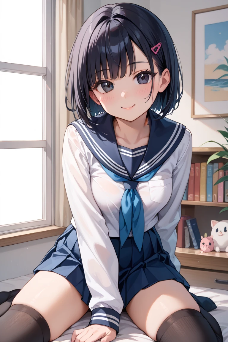 1 girl, cute, 16 years old, smile, Look at the viewer., sailor suit, Seifuku, photograph, realistic, best quality, hired, detailed face, classroom, Detailed background, Diffused light, depth of field, Bokeh