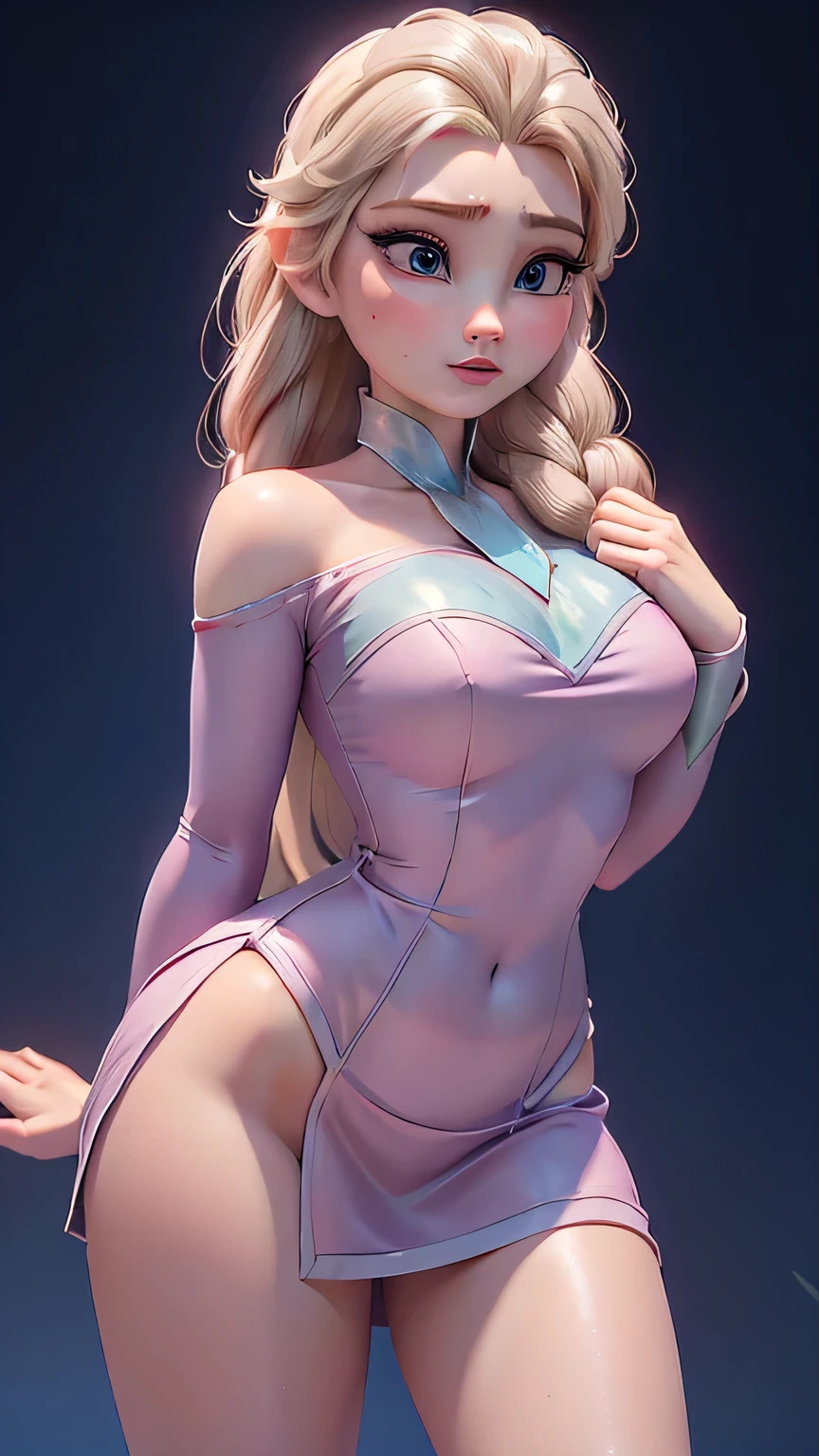 elsa of arendelle, ((long blonde hair, single braid, glowing blue eyes, scar on face, makeup, narrow waist, skinny, medium breasts, Transparent neon cover, tiara,)), pelvic curtain, ((pink bikini)), full body, perfect body, (insanely detailed, beautiful detailed face, masterpiece, best quality) , (((solo))), (((1girl))), (((mature))), (extremely detailed 8k paper CG wall unit: 1.1), (street, cyberpunk,Electronics, night), (smile face for the viewer),