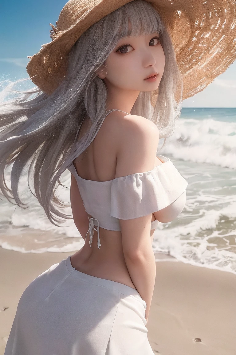 (A hyper-realistic), (illustratio), (Increased resolution), (8K), (ighly detailed), (The best illustrations), (beautifully detailed eyes), (top-quality), (ultra-detailliert), (masterpiece), (wall-paper), (详细的脸), 独奏, 1 girl in, looking at the viewers, finely detail, A detailed face, Wearing a tiny micro bikini, pureerosfaceace_v1, A smile, Bust, long legged, thin-waist, s ass、Silver hair、Waikiki beach