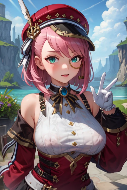 (masterpiece),best quality, expressive eyes, perfect face, 1girl,
big breast, H-cup, good breast, beautiful, gorgeous ,large breast,laying down breast facing ground,1girl,hat, pink hair, gloves, bare shoulders, belt, green eyes,thigh strap, detached sleeves, white shirt, monocle, short hair, jewelry,ribbon, hat feather,