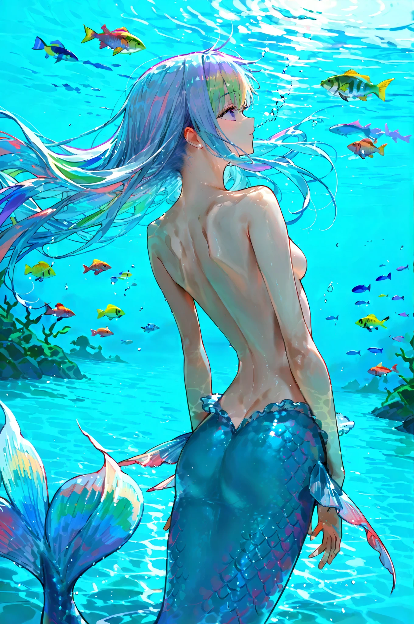 seabed、School of fish、Mermaid playing with fish、Fisheye Lens、beautiful girl、prism、profile、