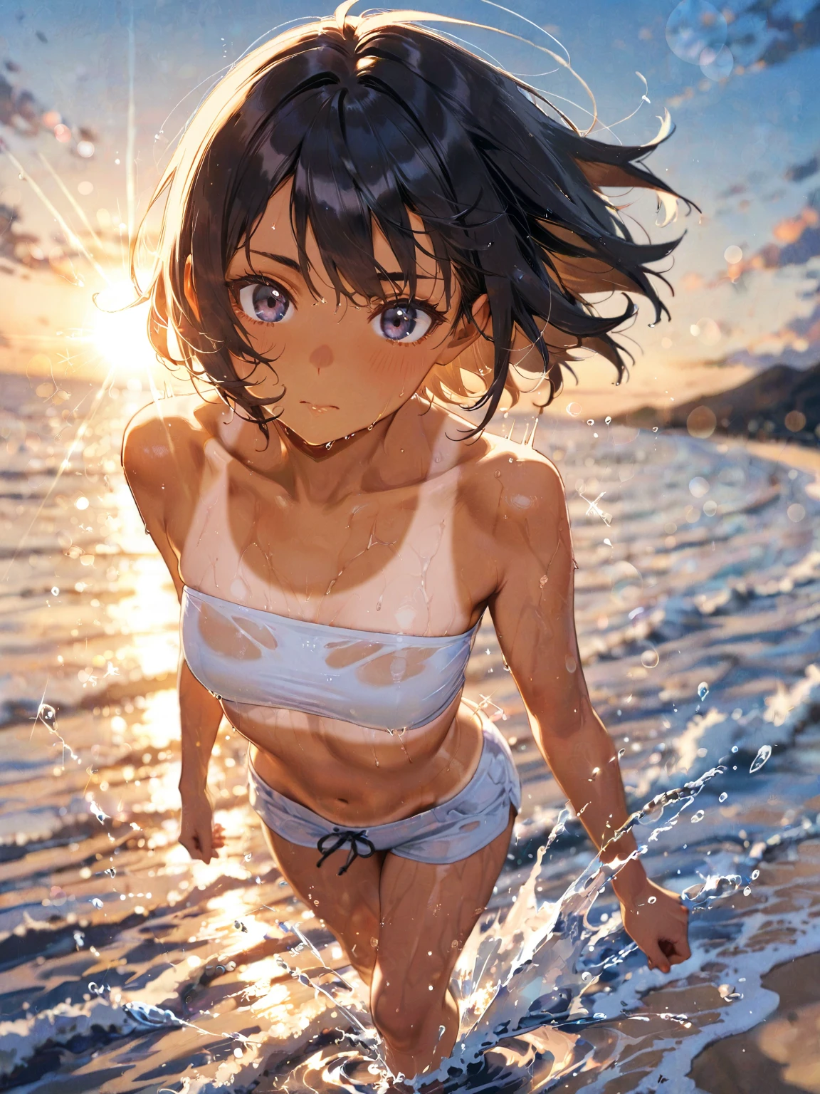 masterpiece, (solo:2), (1 lewd girl:1.5), (short hair), (black hair), (full body), (light color bikini), (medium breast), smile, sweat, (wet hair), (wet swimsuit), (lips apart), (swimming in a sea), (summer beach), sunset, seductive pose,