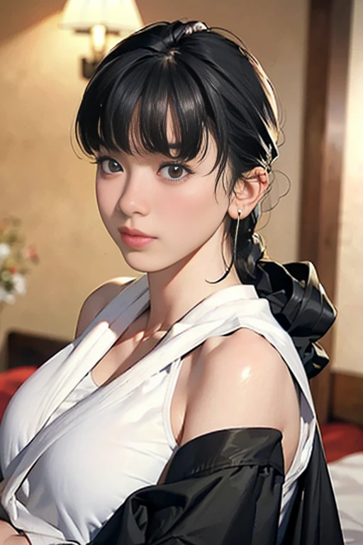 score_9,score_8_up,score_7_up,(pastel-color),(high brightness colors),Cute 20-year-old Japanese 1 girl,solo,(8k, masterpiece, ultra-detailed, best quality, ultra high res, newest, very aesthetic, absurdres, illustration, perfect composition),(hires),looking at viewer,black hair,shiny skin,fair skin,(upper body:1.5),toothless smilev,emphasizing her curvy body and large breasts,(ninja:1.5)