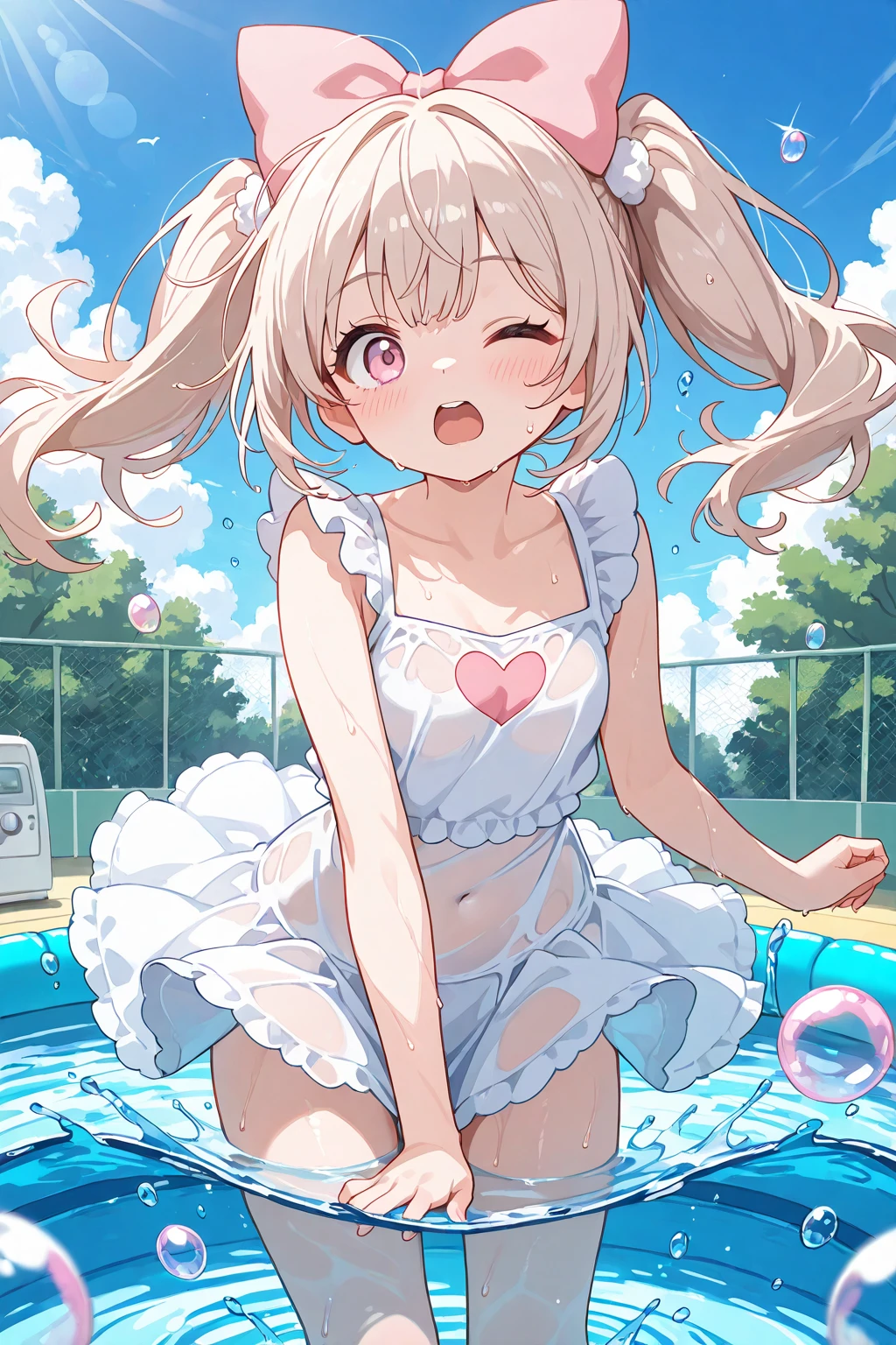 Silver-haired blue eyes、 girl、Small breasts、Twin tails、Laughter、Nico Nico Smile、Wink、 girl、Looks about 15 years old、Petan Musume、short、There are highlights on the eyes、Coming to the pool、Wear a cute frilly swimsuit、Armpits are visible、Sliding down the slider