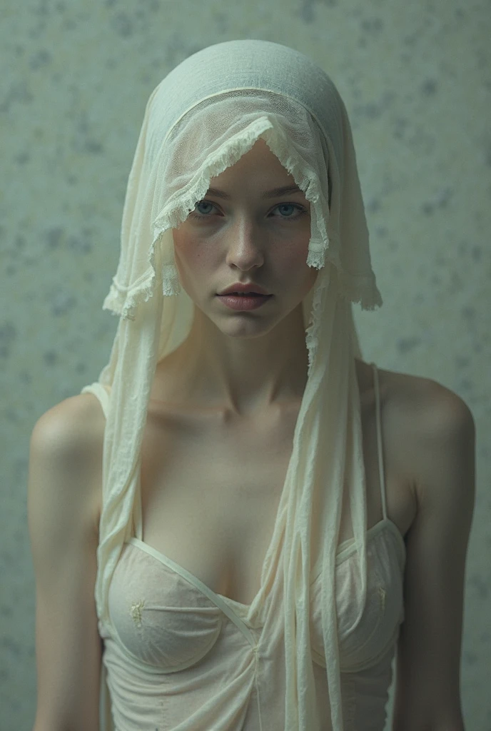 A girl veiled from above and naked from below