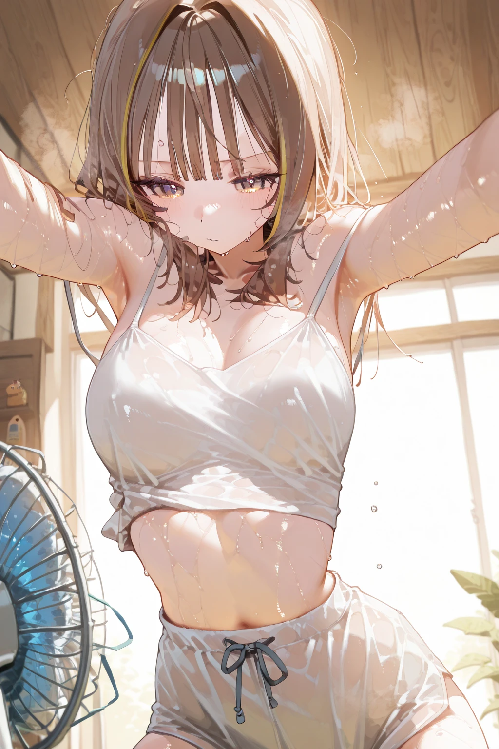 (garden),rain,Wet body, Wet woman,濡れたRound face,so beautiful. wet small breasts,(The wet pure white shirt is visible through), wet skin wet hair,She is wearing a sports bra under her shirt,Denim skirt,close,(Wet dark brown long pigtails,Yellow Hair Ribbon,),Round face,An attractive woman with a natural smile and a charming expression,Clear Skin,(8K quality,Tabletop,Highest quality,Ultra-high resolution output images,),(Highly detailed raw photos:1.3),(Picture Mode Ultra HD),