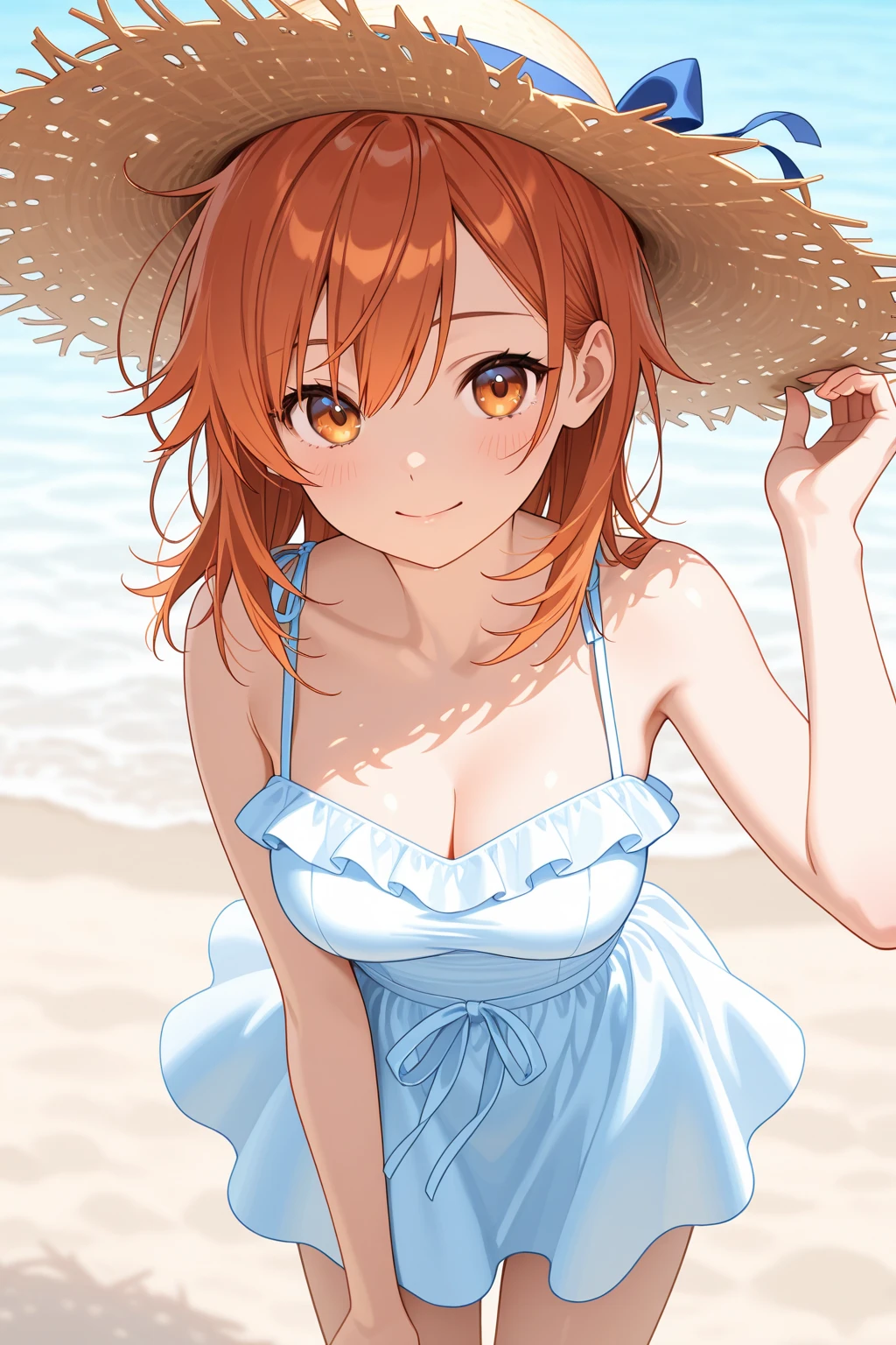  fresh girl 、Summer Sun、popular hair、Windy miniskirt dress、Straw Hat