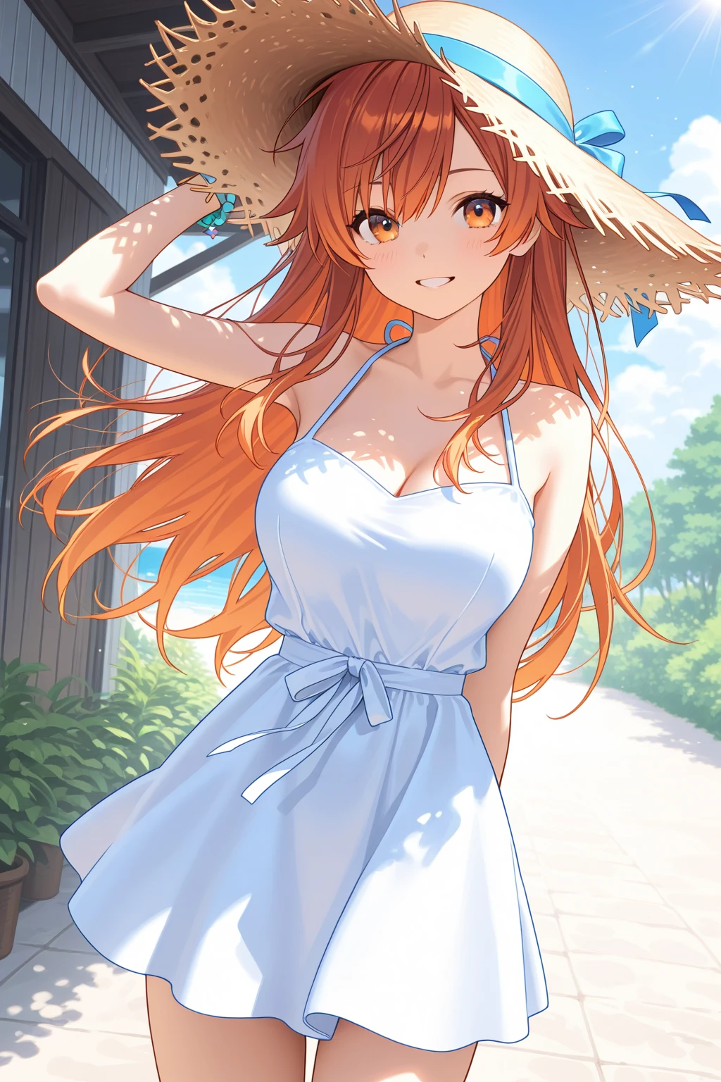 highest quality、Nice sexy body、One Woman、(solo)、((Beautiful busty woman:1.6))、(((Woman with dark red hair:1.3)))、Long hair woman、(A woman wearing a long, fluttering white dress:1.5)、A woman wearing a straw hat、Bus stop in the countryside、summer