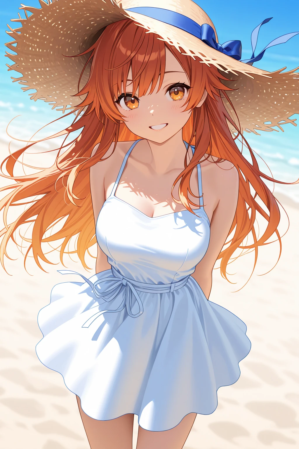  fresh girl 、Summer Sun、popular hair、Windy miniskirt dress、Straw Hat