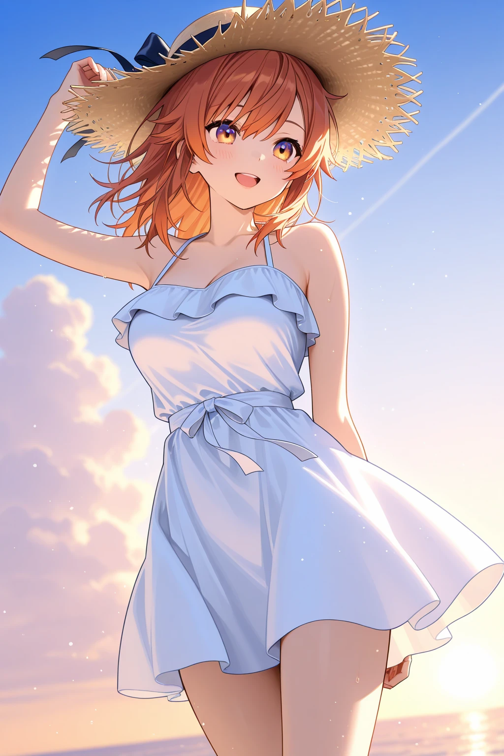  fresh girl 、Summer Sun、popular hair、Windy miniskirt dress、Straw Hat