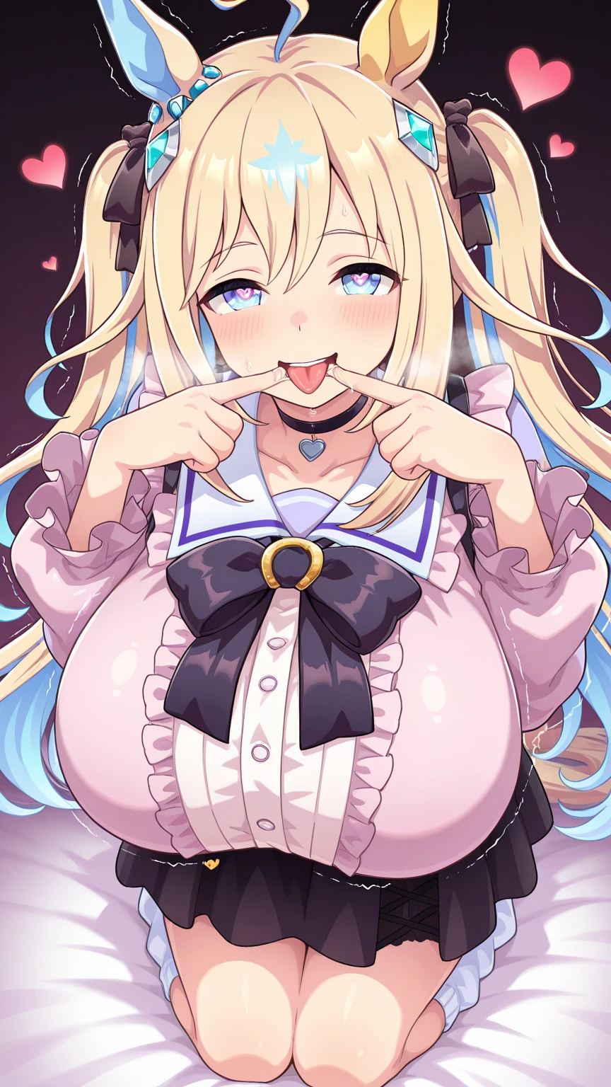 nsfw,(Petite),(Crossdresser),((Penis in crotch)),Solo masturbation,blonde low twintails,lips,Sweat,White Breath,(((ejaculation))),Ecstasy face,Naughty sound effects,spats,((Touching the nipples))