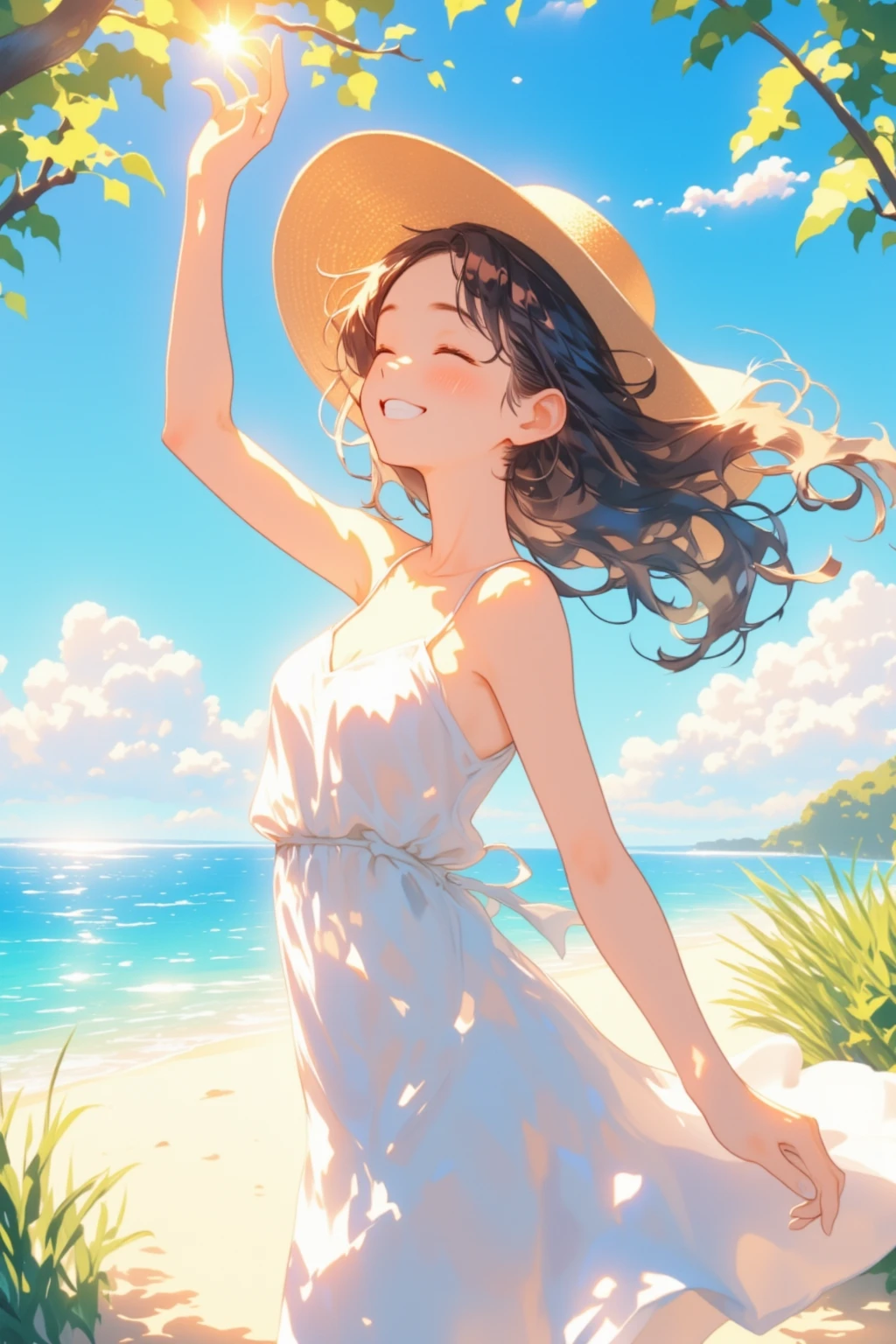 Detailed illustration of flat color、A girl holding a detailed bouquet of flowers、whole body、smile、cute、Refreshing、Seaside