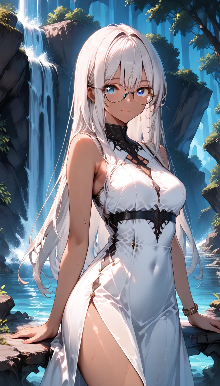 Water droplets dripped onto the chest,A Midsummer Night's Dream,long slim legs,silverlong hair,mature female,lace choker,Mom hairstyle,Gracefully tie up your hair,Ice stockings,Translucent sleeveless long skirt,Leg ties,Delicate earrings,crystal pendants,Streamer effects,8K quality,Brilliant light and shadow,Heavy fog,Sense of brokenness,Shadows,Great waterfall behind you