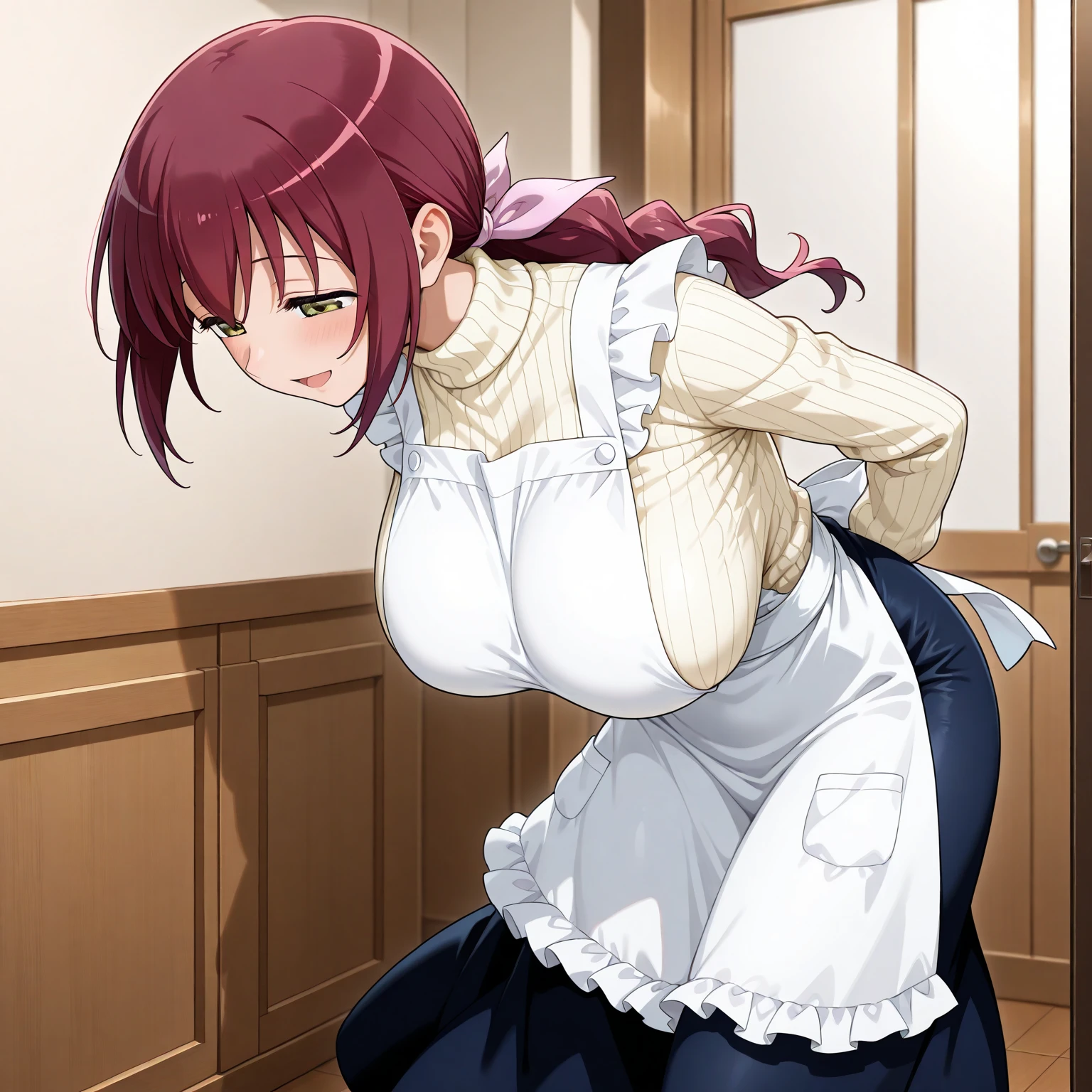score_9, score_8_up, source_anime, 1girl, solo, KoboKanaeru, blue eyes, long hair, brown hair, , high-waist skirt, long skirt, white skirt, black shirt, long sleeves, , standing, indoors,house kitchen, (bound with an excessive amount of ropes), (bound wirsts), (arms behind back), (tapegag, tape gag), dramatic, (looking at viewer), (detailed pupils:1.3),pencil skirt,big breast