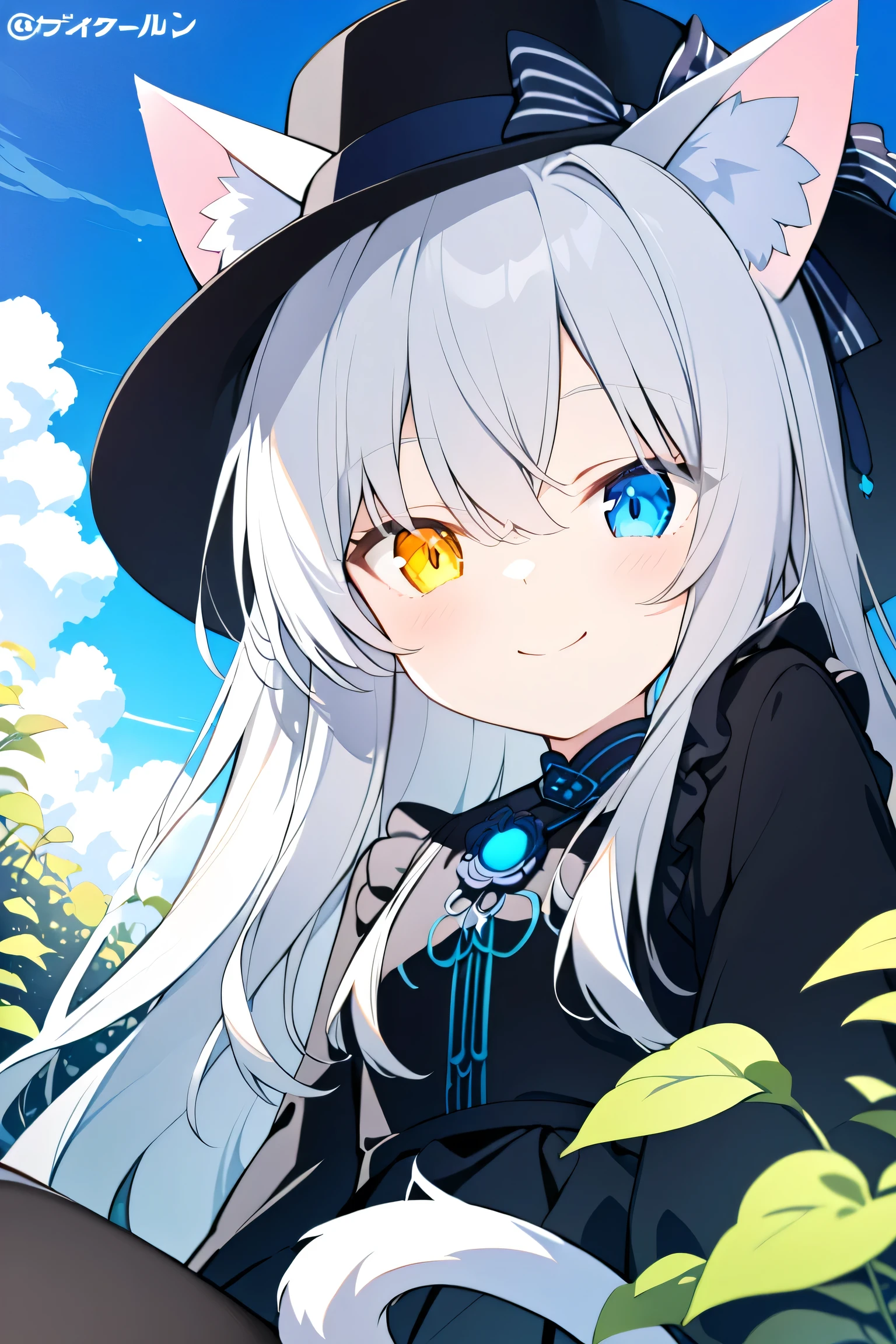 style_name,style_name,Japanese Anime,long hair,Silver Hair(The tail glows),girl,white cat ears,Alone,heterochromia(Left blue right yellow),black dress,Black Pantyhose,black boots,black gloves,Blue sky,hat,garden,Smile, cat's tail, up close