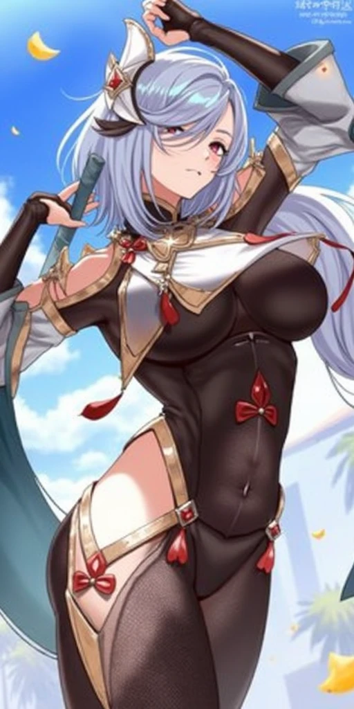 (4k,masterpiece, high resolution, best quality:2, breathtaking, ultra detailed:1.4),A cool female in the street at night,shenhe, Shenhe, 1girl, shenhe \(genshin impact\), solo, hair over one eye, breasts, blue eyes, long hair, hip vent, holding, weapon, large breasts, covered navel, bodysuit, parted lips, hair ornament, polearm, looking at viewer, gloves, grey hair, breast curtain,rim light,depth_of_field,scenery,reality,huge filesize,Cinematic Lighting,<lora:more_details:0.4>,in autumn,moon,chinese clothes,twintails,<lora:[LoRA] mhy_genshin_Shenhe_v1.0:0.6>,, (masterpiece, high resolution, best quality:1.4, breathtaking, ultra detailed)