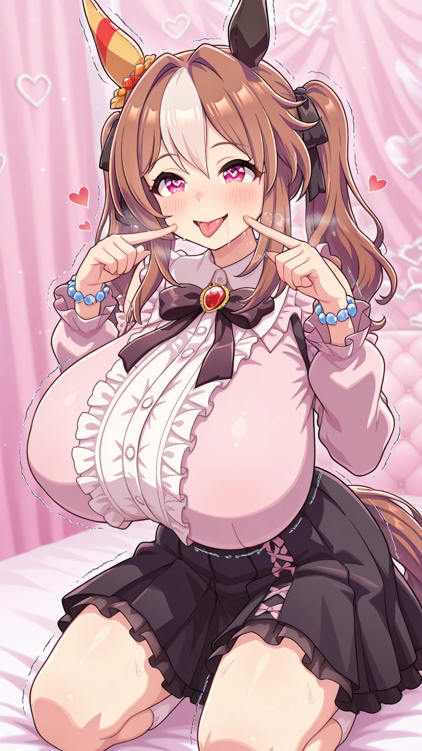 by by buta99, by chelodoy, by spikedmauler, by cervina7, solo, female, standing, looking at viewer, ((hair, snout)), blush on face, eyelashes, eyeliner, big breasts, cleavage, , light brown fur, pink eyes, sexy, brown hair, long light brown hair, skinny, canine, long curly hair, small waist, huge thighs, , big eyes,  , huge hips, big hips, brown glowy skin, pink room, big pink eyes, kawaii eyes, large anime eyes, pink blush, cute clothes, huge butt, perky , pink background, hearts, cute hearts, sexy, dark setting, evil, large breast, blush, white and pink kawaii clothes, white and pink mini skirt, white shirt, pink thigh high socks, thigh high socks, kawaii, pink clips in hair