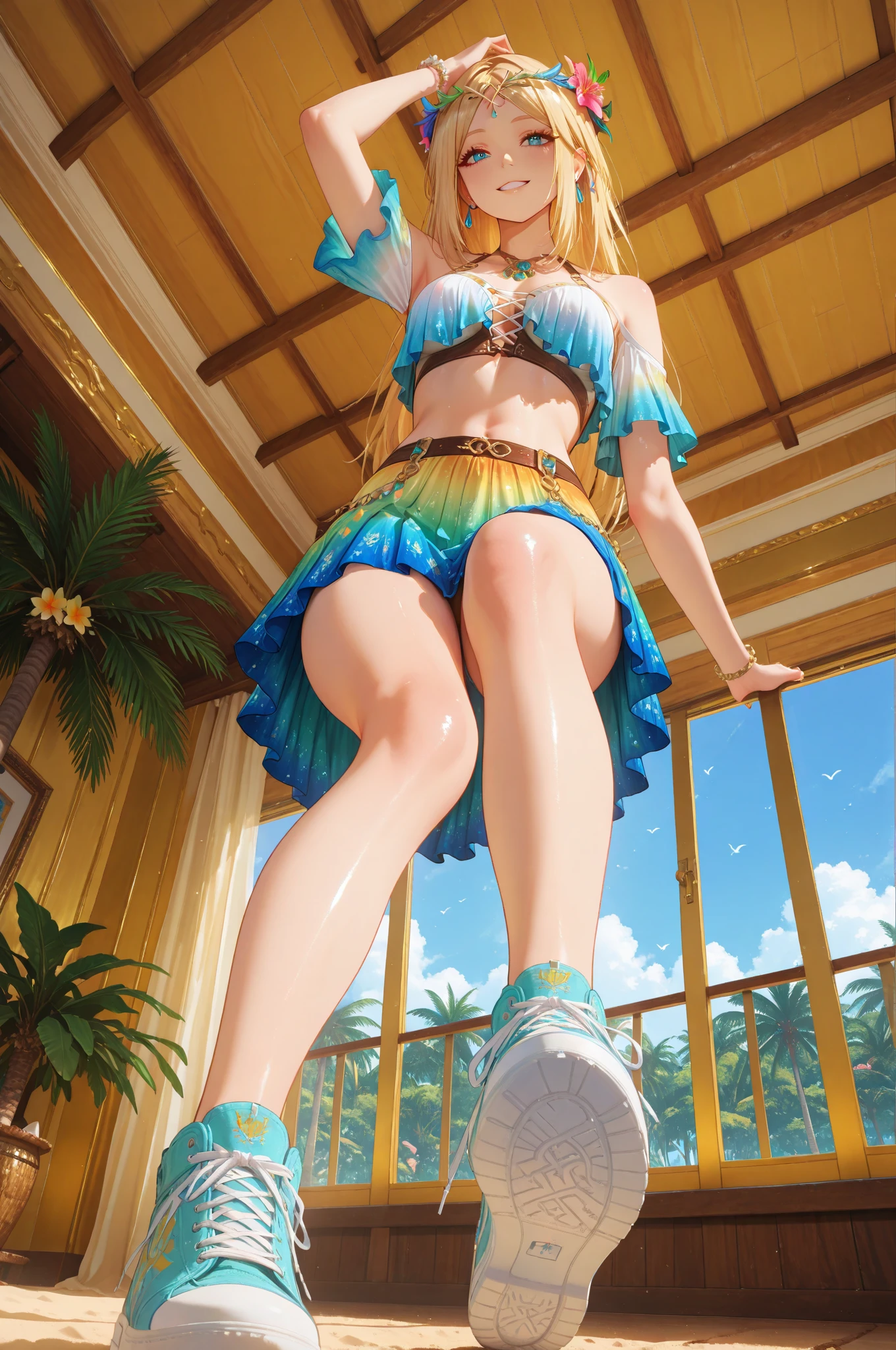 1girl, solo,upper body, green eyes,<lora:mmdplus:1>1girl, breasts, long hair, blonde hair, solo, weapon, ass, sword, feet, heart, looking at viewer, water, swimsuit, wet, large breasts, open mouth, heart-shaped pupils, barefoot, symbol-shaped pupils, very long hair, hairband, flower, covered nipples, smile, sandals, waterfall, blush, see-through, soles, holding, eyebrows visible through hair, hair ornament, toes, braid, bangs, animal ears, hair flower, green eyes, french braid, bare shoulders, hair between eyes, planted sword, nail polish, wet clothes, armlet, white flower, legs, nipples, thighs, blue nails, lily pad, jewelry, bare legs, :d, earrings, tail, full body