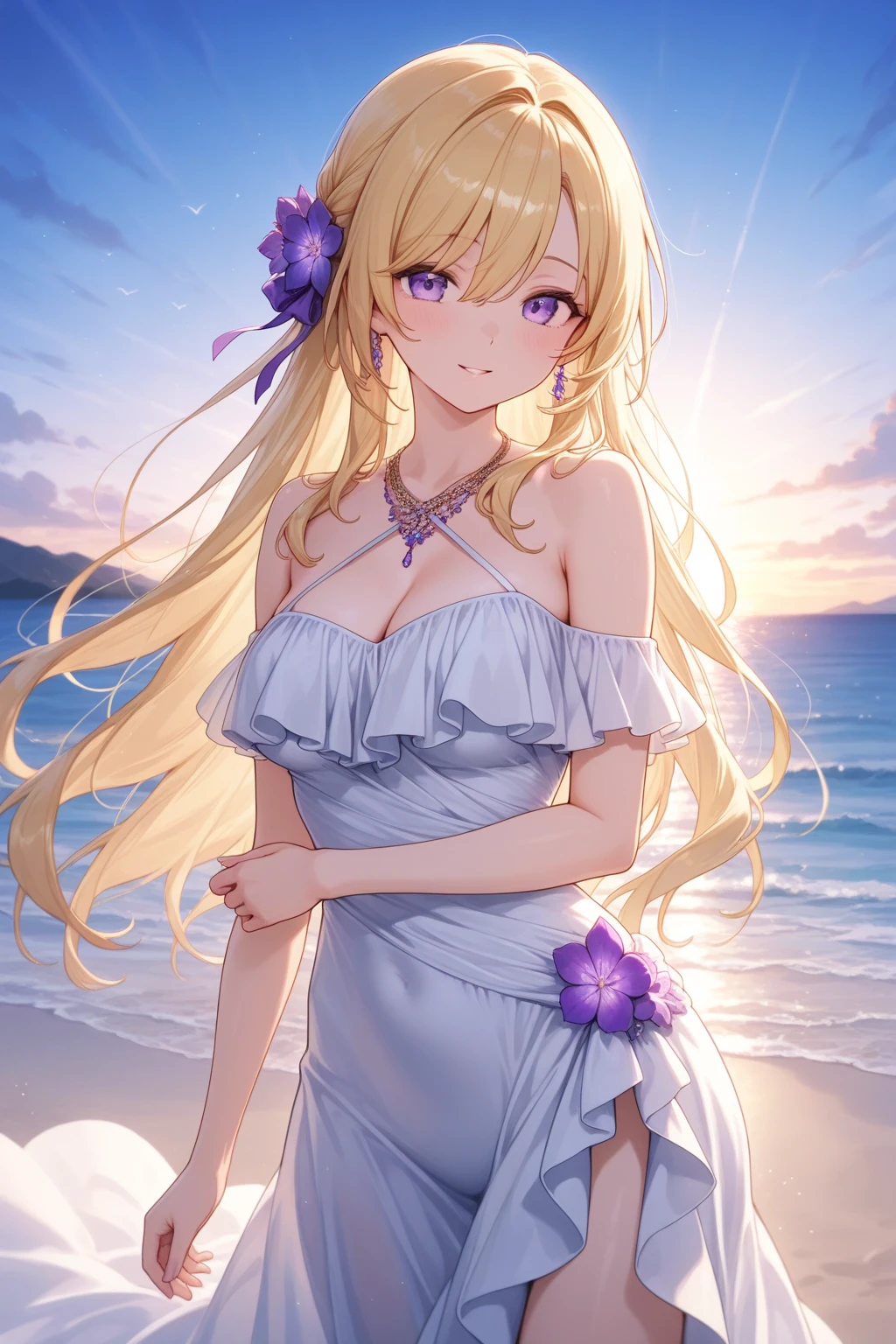 (masterpiece、Highest quality、8k、High resolution)、Best Style、(The most beautiful girl in anime)、(Clear skin、Clean blue eyes、Beautiful lips、Beautiful nose)、smile、Beautiful white upper teeth、Blonde Hair、Ample breasts、Walking on the beach、Palm tree、Beautiful starry sky、milky way、(Body、whole bodyからMystical particles of light、Mystical particles of light、Mystical particles of light、Colorful Light、Vibrant colors)、The area around the head is brightly lit with a mysterious light.、Vibrant colors、(jewelry、necklace)、dress、(whole body)、Highly detailed anime art、A complete portrayal、