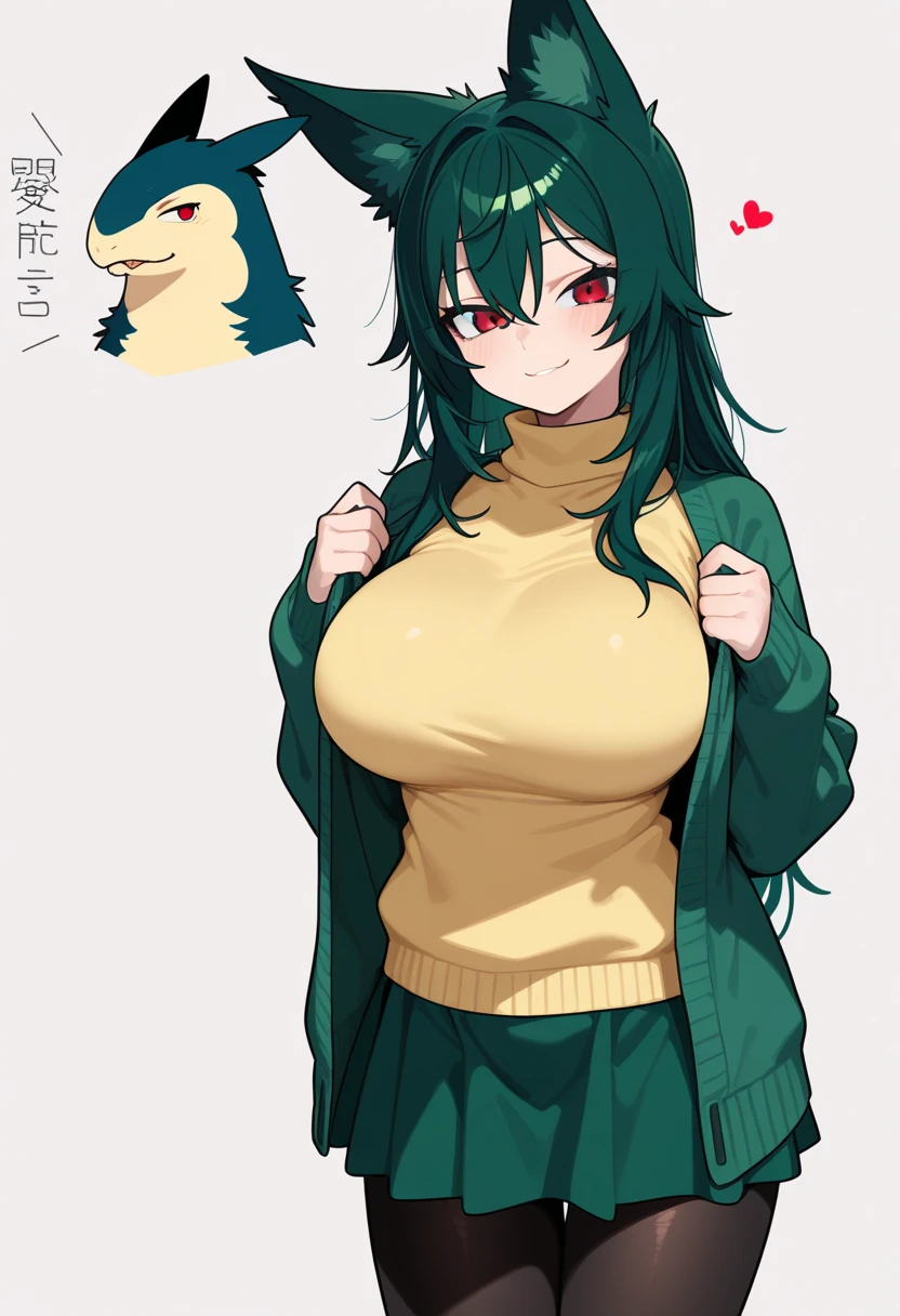 _asura style, kaenbyou_rin, breasts, tail, animal_ears, 1girl, cat_ears, red_hair, red_eyes, cat_tail, braid, dress, twin_braids, fang, multiple_tails, nekomata, green_dress, bow, two_tails, paw_print, slit_pupils, hair_bow, reiuji_utsuho, reiuji_utsuho_(bird), solo, black_bow, large_breasts, looking_at_viewer, huge_breasts, upper_body, blush, bird, long_hair, bangs, fang_out