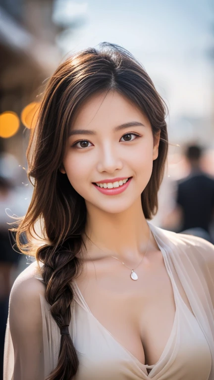 a gorgeous lady, age 18, in an light-color Asymmetrical Open Shoulder Knit Tight Dress, standing under night sky, dimpled smile, short double ponytail, well-endowed round bosom, in a natural pose, photorealistic, beautiful detailed eyes, hyper-realism, high contrast, ultra HD, realistic skin textures, top image quality, top-quality, super high resolution, fine details, very meticulously, bokeh background