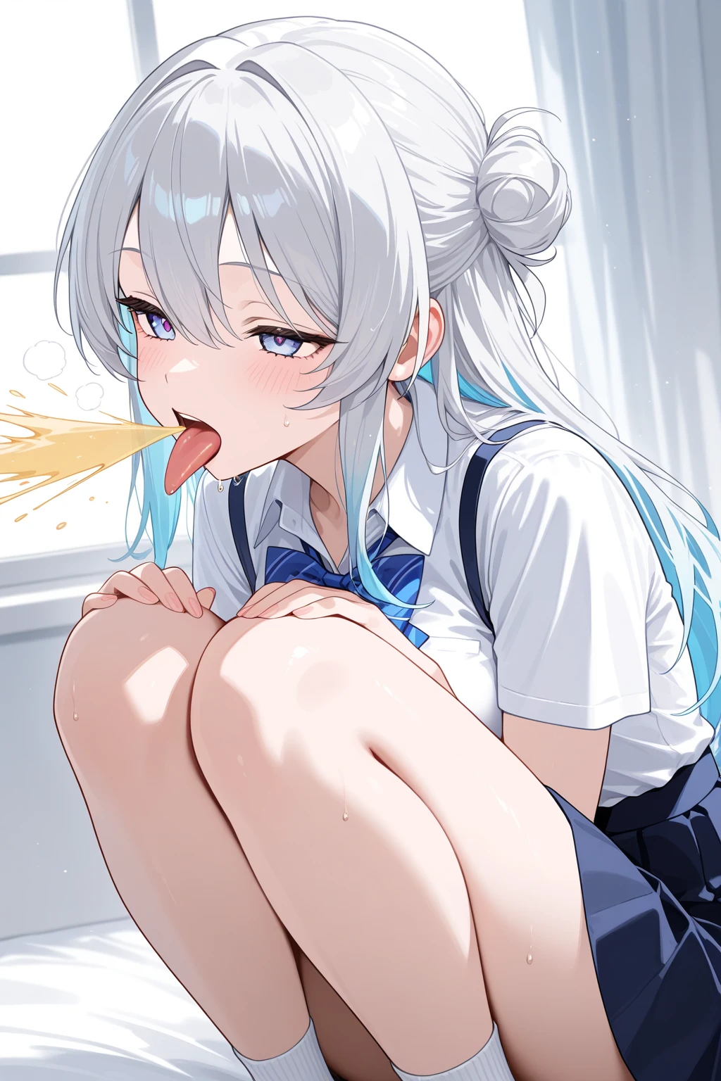 nsfw, (masterpiece), (photo realistic1.4), ultra high res, best quality, 8k BREAK solo, solo, 1girl, (idol master),(anastasia),(16yo, an extremely beautiful girl, beautiful face, perfect face, cute symmetrical eyes, double eyelid,blue eyes,flat chest,midium breast,Slender figure, silver hair, short hair, (kneeling down on the ground),(japanese high school sailor uniform),(open clothes), (Front view),(((multiple boys, peeing on a girl,multiple penises, gangbang)),((ecstasy torogao, saliva trail, nose blush,one eye closed,out tongue)),cleavage of the breast,happy,((smile:1.9),((cum on body:1.9)),((cum on face:1.9)),(cum on hair:1.9),(cum on glasses:1.3),(looking at viewer),(night time,class room),