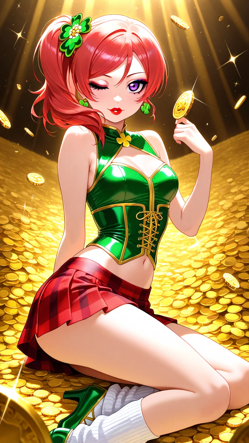 long orange hair, green eyes, holding money, latex, smirk, large cleavage, pale skin