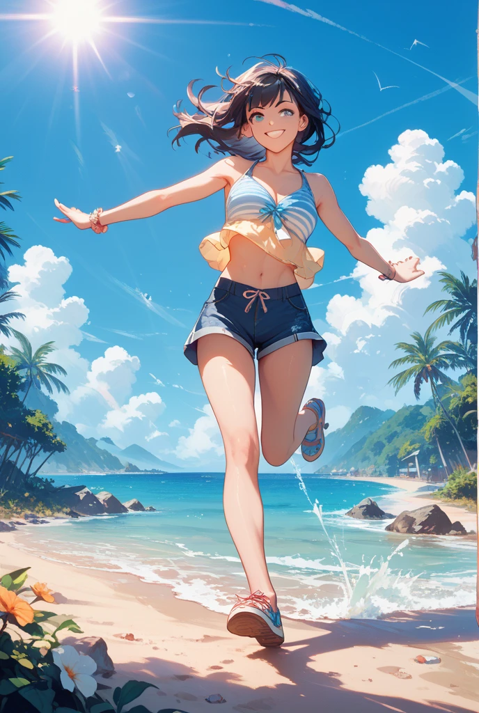 (Looking up at the blue sky:1.3), Ocean, Light of the sun, noon, Angle looking up from below, (Girl in blue bikini:1.1), (big lauth:1.3), (detailed eye:1.3), (Back view:1.3), ponytail, Stand with open arms, arms up, split knees, Stand with your legs wide spread, barefoot, arch her back, Uplifting, Disheveled Hair, Tie the bottom of your T-shirt, Wind, Hold down the straw hat, correct left and right hands