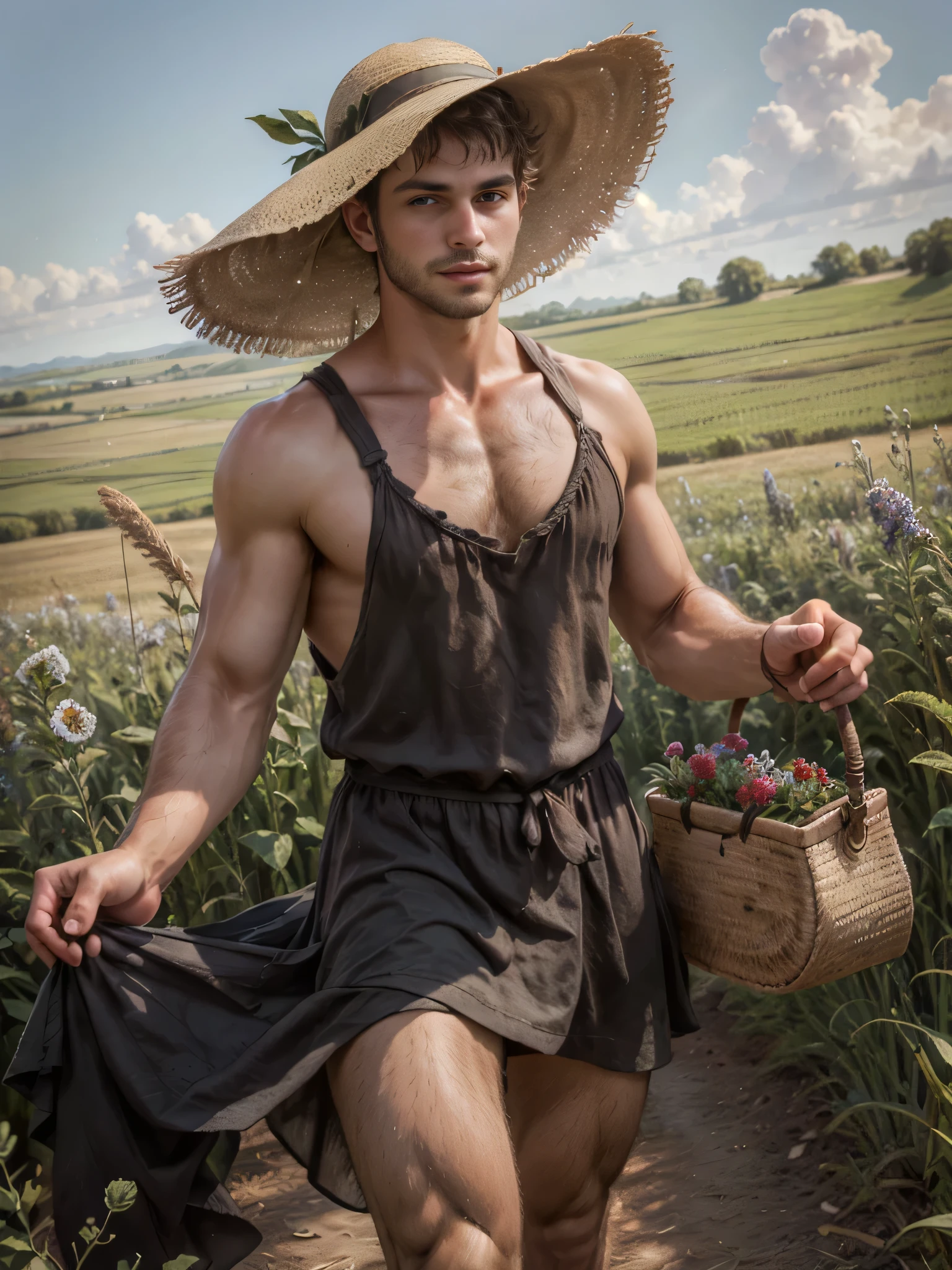 A detailed photograph of a handsome man wearing a sundress and straw hat picking flowers in a field, intricate detail