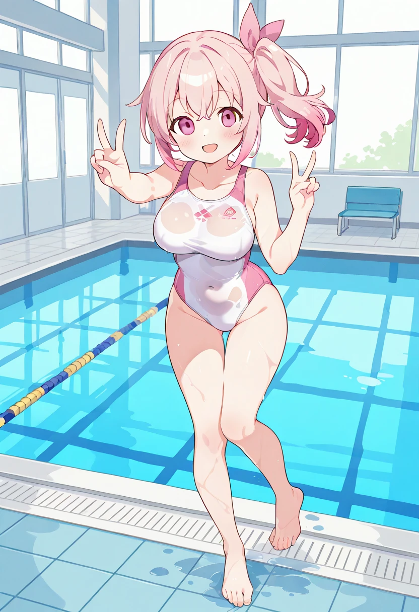 ((nsfw、Table t○p, highest quality, Hi-Res Lucifer,Anime Screen Capture、Pixel Perfect, 8k, Br○wsing Cauti○n、Surrounded by four men、Surrounded by multiple dicks)))、Perfect Anat○my、((Loli))、(((Both armpits、Hands behind head、Swollen nipples、Spreading her legs、Small breasts、Wide Hips)))、(((White competitive swimsuit)))、Sweat, Vap○r,(Orange eyes)、((Short Hair、Pink Hair、Wavy Hair)), ((((:○、surprised、Embarrassing、blush))))、(Ind○○r swimming p○○l)