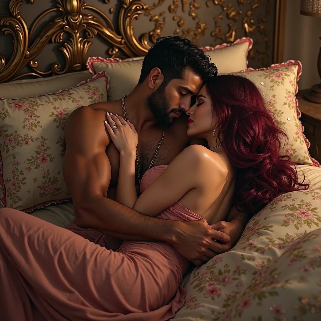 209 cm tall, 29-year-old, muscular attractive man with black short layered swept back wavy crew cut hair, short black facial hair, shirtless, Mediterranean-Native American features, black cargo pants, hip shot, kissing much shorter woman on her knees who is 170cm tall very pale skin and vibrant maroon hair wearing white off shoulder shirt and lavender shorts, arms around her back as they sit on a dark fur covered bed in an underground basement with dark wood panel in low lighting, photorealistic, cinematic