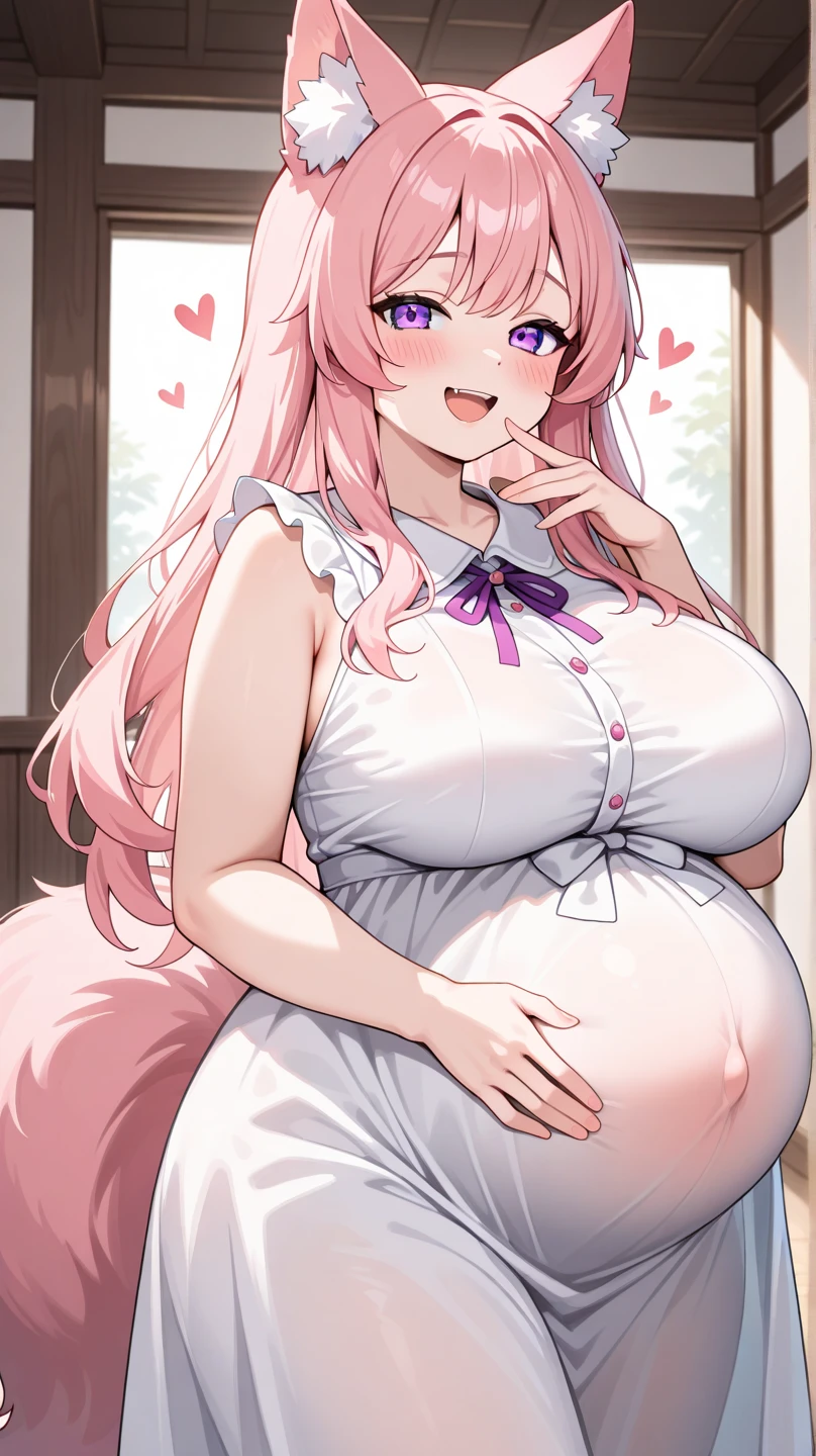 score_9, score_6_wonderful, sauce_anime, One Girl, alone,Bedroom, Cowboy Shot, chika, blue eyes, Pink Hair, Hair Ribbon, slim, blush、Big Breasts、Huge breasts 、During pregnancy、Pregnant women:1.5、Huge pregnant belly:2.5、Half-closed eyes、White Cat Lingerie, choker, Neck bell、White cat paw gloves、White knee-high socks、Sweat:1.5、
