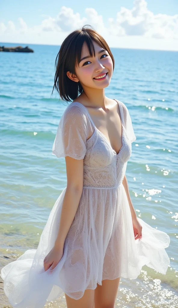 Highest quality、8k、32K、masterpiece,)Beautiful woman、Natural look、Looking into the camera 、Wet Hair、See-through long dress、Soft atmosphere、moment、No makeup、Shooting from the side、the sea is shining、evening,Shooting from a distance、Stroll along the sandy beach、Laughter