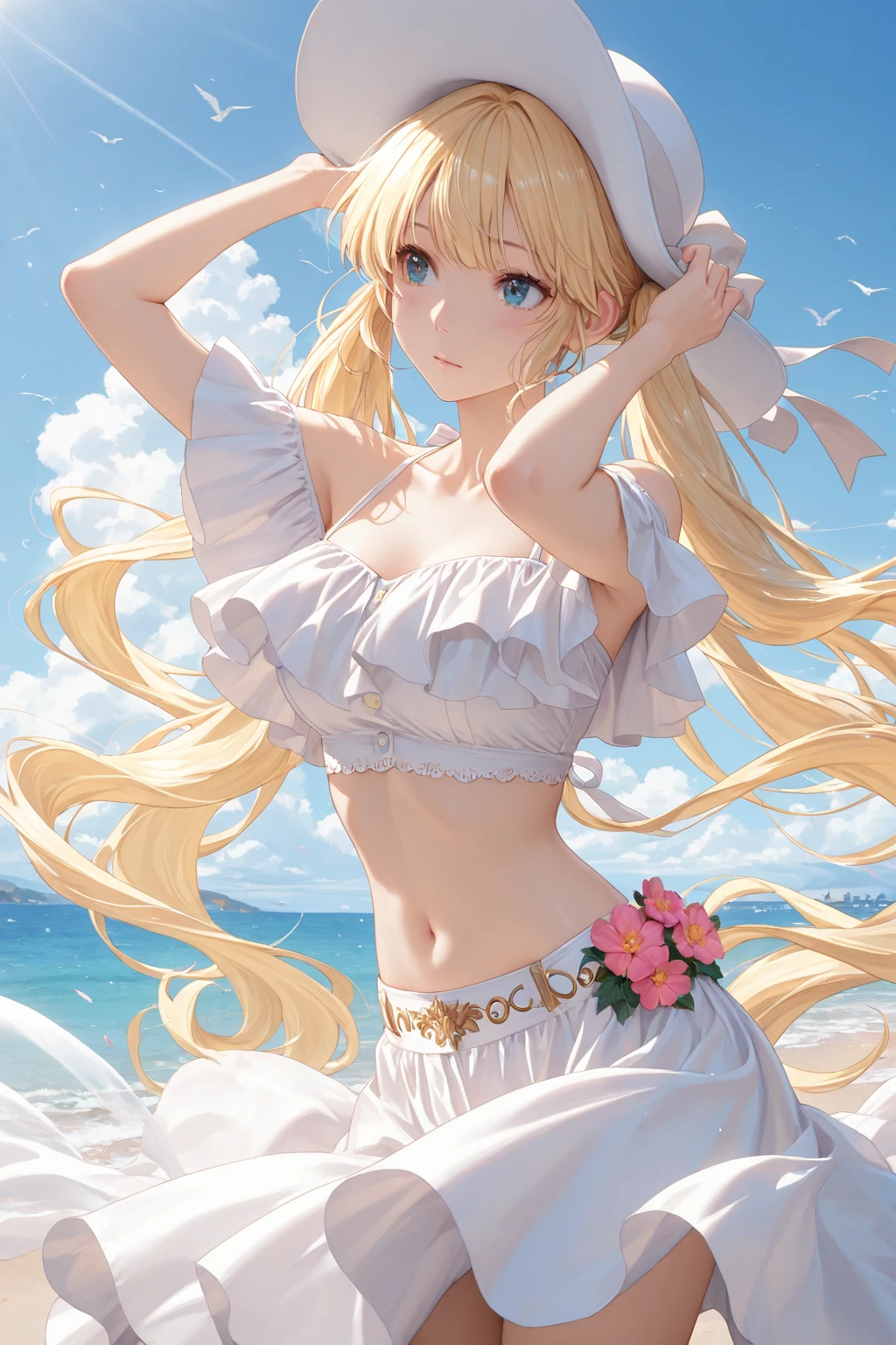 nsfw:1.6, Top quality:1.2, best quality:1.6, ultra high resolution, masterpiece:1.5 ,4K, 8K, 32K, detailed lighting, shaders, perfect anatomy, perfect proportions, highly detailed, ultra detailed, super detailed:1.2, perfect eyes, perfect face, very delicate and beautiful, illustration, sharp focus, very beautiful and detailed anime face, very detailed eyes, cute:1.4, impressionistic:1.2, blurred background,
BREAK
1 woman, (Beautiful busty woman in her 20s:1.3),(dark skin:1.6), (Perfect proportions: 1.6), (Small pink areolas:1.4), (Pointy upward nipples:1.2),(Full and beautiful breasts: 1.7), (Perky breasts: 1.7), (Thin waist: 1.2), (Slender figure: 1.2), (beautiful buttocks:1.1),(Neatly trimmed pubic hair:1.2),
BREAK
(Beautiful blonde hair: 1.5),(shiny straight long hair:1.3), (Bangs swept to the side, showing forehead: 1.5),
BREAK
(Happy smile:1.2), (embarrassed:0.8), (blush:1.2)
BREAK
(Wedding dress:1.6), (belly dancer:1.4), (silver high heels),(high Brand:1.4),BREAK (naked:1.8), (White choker:1.4) ,(Necklace, bracelet, anklet: 1.3),(bridal garter belt:1.3),( Nipples and breasts are not covered), (pubic hair is shown:1.3),
BREAK
(Walking:1.3), (profile:0.7),(looking viewer)
BREAK
(Bust up shot:1.4),(from side:0.8), (from above:0.5)
BREAK
(Beautiful beach:1.5), (nudists beach:1.3),(sunny day:1.2), (lot of naked people celebrate her:1.6),( lot of flowers:1.3),