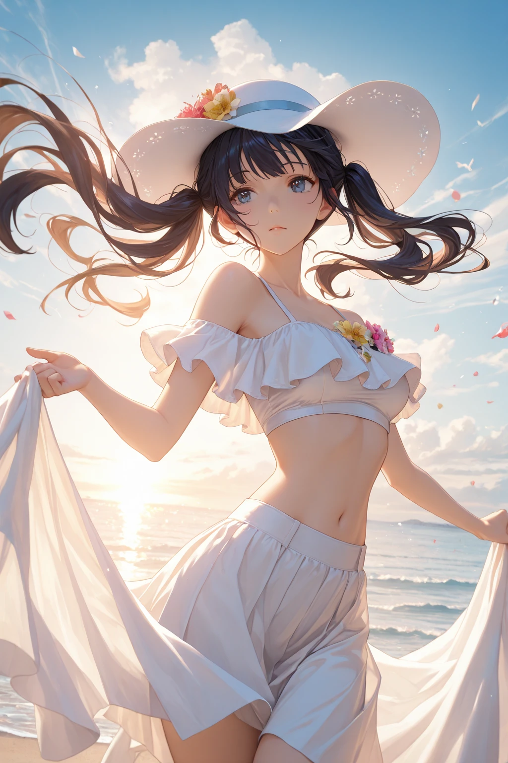 a young beautiful woman holding an umbrella at the sunset beach , anime style, beautiful detailed eyes, beautiful detailed lips, extremely detailed face, longeyelashes, 1girl, solo, full body, vivid colors, (masterpiece, best quality)