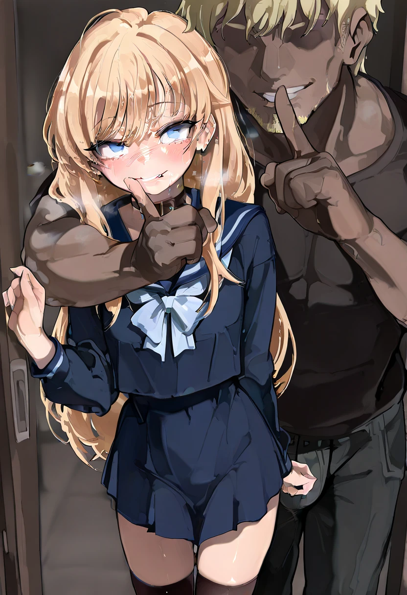{perfect anatomy},((beautiful face:1.1)),((1girl, 1black man,sex from behind, standing, arm grab, standing sex, arm held back , bent over:1.6)), (masterpiece, best quality:1.2), (Ahegao, blush, Sweat, Open mouth, Rolling eyes, Tears, Tongue out:1.5),(Parted lips),(Closed eyes),(Feeling weak), masterpiece、highest quality、highest level、best image quality、debris flies、intricate details、High resolution、depth field、Natural light、professional lighting、(cute:1.2)、very beautiful 18 year old cartoon gir、(high detail skin: 1.2)、(big breasts、perfect anatomy), solo, 1girl, solo, 1girl, yuradef, ponytail, hair ribbon, , jacket, serafuku, neck ribbon, black gloves, partially fingerless gloves, grey skirt ,