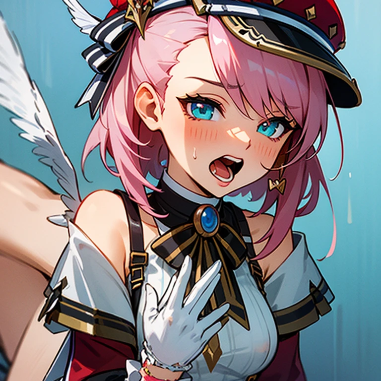 ((masterpiece, best quality)), high resolution,ultra detailed,8k,16k,detailed background, perfect lighting,detailed beautiful eyes, 1girl,solo,embarrassed,blush,show off nipple,(steam:1.2),sweat,in heat,heavy breathing,saliva trail,look at viewer,(oral,screaming,show mouth:1.4),ahegao,face focus,(from above,nude:1.4),(from front),chin up,seductive eyes,fisheye lens,be breathless,stick tongue out,kneeling,(cum on face,cum on tongue:1.2),portrait
,(short_stature,dwarf,kawaii),charlotteid, waving, pink hair, hat, gloves, monocle, bare shoulders, green eyes, long sleeves, short hair, detached sleeves, skirt,flat_color,child_body,pale skin,in house,medium breast,