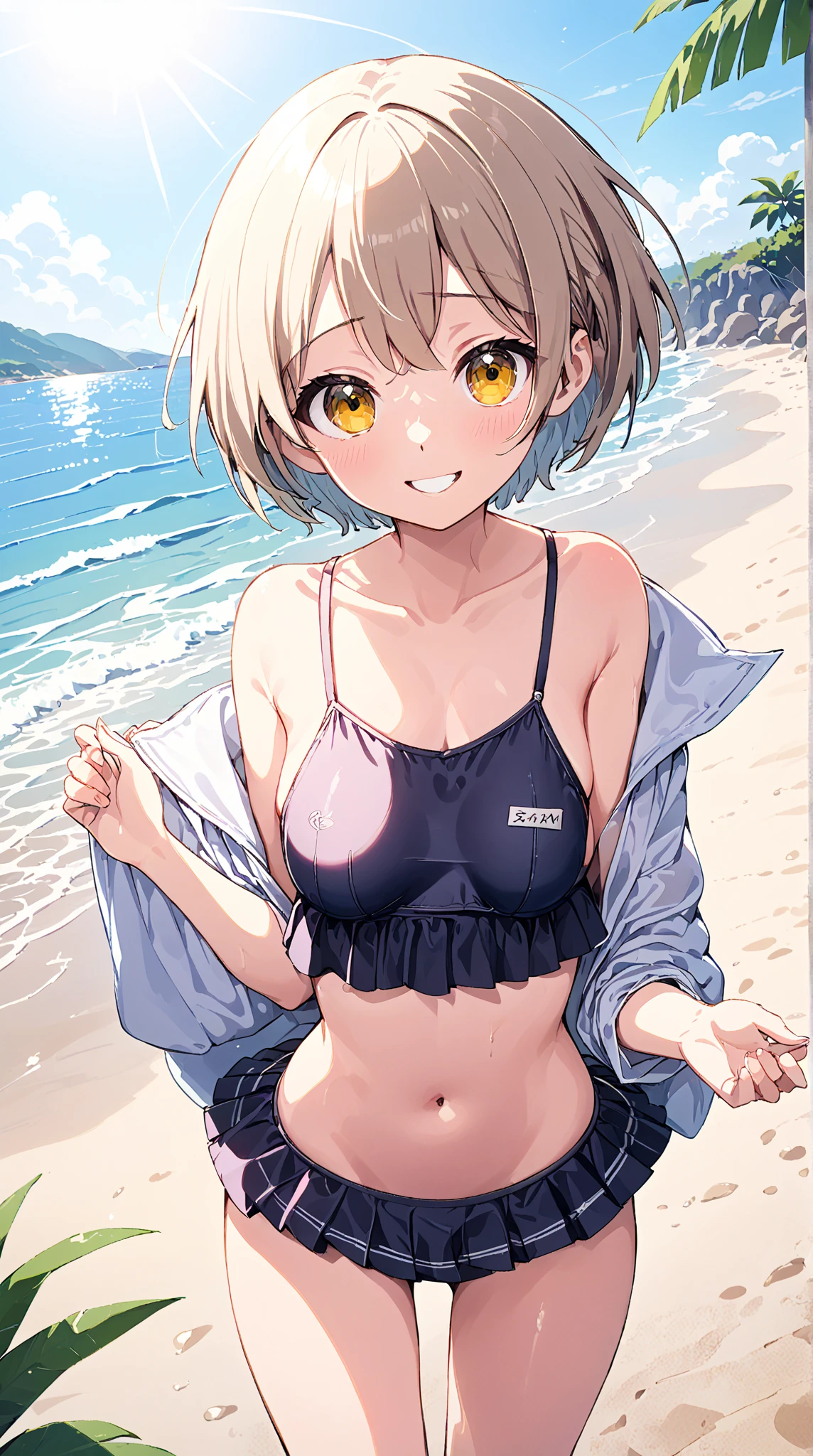 ((masterpiece)), (anime:1.3), ((Highest quality)), (RAW Photos:1.2), (Professional photography:1.3), (High resolution), (12 years old), 8K, Cinema Lighting, Disheveled Hair, (Exposed small breasts), Denim hot pants,(Pure white glossy hair),(Short hair with outward curls:1.3) ,(Healthy dark skin),A badly tattered and torn camisole, (Dirty oversized white camisole), Slim and small breasts, (PAW Pose),(Double teeth), (Open your mouth), Textured skin, Cat ear,Fluffy dog tail ,Light brown hair, Cute beautiful girl, break, ((Highest quality)), (Sitting at the end of an old pier), Slums,