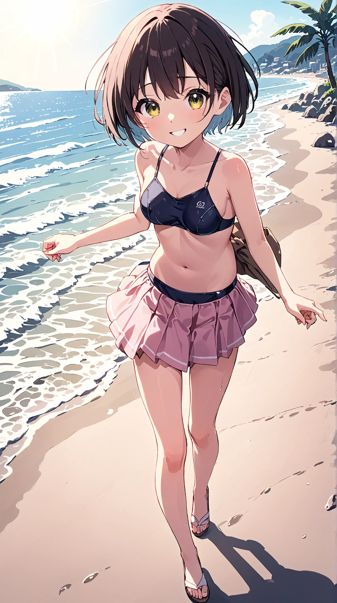 nsfw, (super fine illustration,8K CG wallpaper,best quality,extremely detailed,ultra high res,best aesthetic),(cowboy shot,from front),idolmaster, {{{haruna Kamijo}}}, (18yo, beautiful girl), (beautiful brown eyes), (beautiful black hair), ((short hair)), (straight hair), ((((pink rim glasses)))), (wet hair), (wet skin), ((sweat)), (steam), (flat chests,midium breasts), (tall), ((slender)),(((pubic black hair:1.3)), (summer beach side),(parasol),((optician)), ((((spread legs)))), (open mouths), (a big smile), ((out tongue)), (((one eye closed))), (feel good), (blush), ((((pink bandeau bikini top))), (lift clothes), (((sex,cowgirl,pov))), (bouncing breasts), (semen, cum on body:1.4),