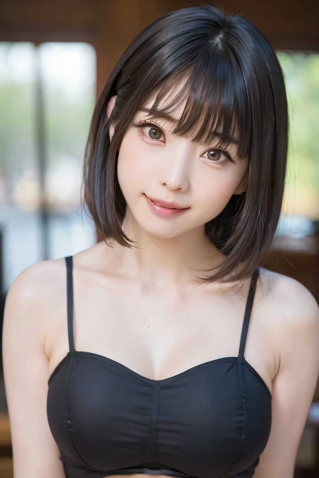 ((highest quality、best image quality、Ultra - High resolution、Drawn in ultra high definition、solo、Please look closely at the camera、light colored eyes))、1 girl、realistic、Depth of the bounds written、natural soft light、daytime、attractive、beautiful face、cleanliness、pure face、white skin、cute、short hair、beach、Light of the sun、nadium chest、Full body Esbian、((light dark blue sweater、Gold is better than beauty、Very beautiful big、Beautiful and very large udder、Chest opened、show to audience、expose the hips、expose one's shoulders、lean forward to show your chest))、long neck、Please show your ears、Clean short bob hair with bangs、very smiling、perfect fingers、perfect hands、perfect body、perfect face、shine a light on your eyes、perfect anatomy、tall supermodel、supermodel with long legs、Supermodel with a long neck、broad shoulders、arms should be lowered to the sides、stand、From slightly above the bust、bright windowsill background、smile at the audience、laughter、smile、today is so big、beautiful teeth、beautiful teeth alignment、chest wide open、beautiful decollete、Very beautiful sexy woman with a lot of exposure、pay attention to your audience、Look up at the viewer slightly above.、Slightly upwards、shadow fade