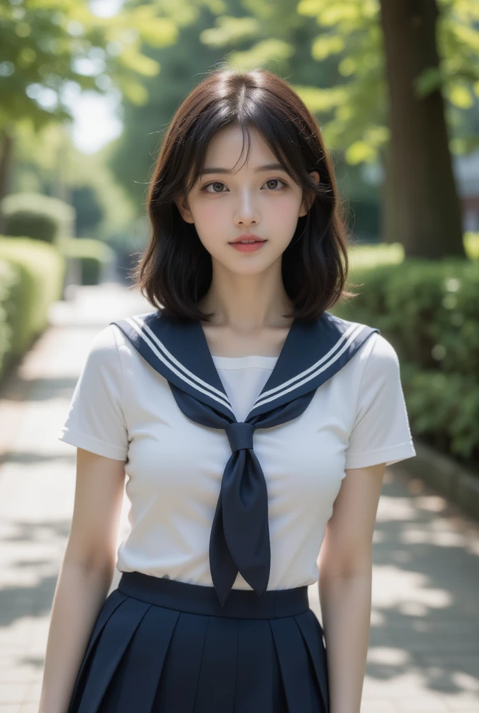 1 Girl, (Please wear your high school uniform:1.2), (13 years old:1.5), （original　Cai Ninghua）, Young Face, Cute face, (RAW Photos, Highest quality), (Realistic, Realistic:1.4), flying debris, Sharp focus, Very delicate and beautiful, Very detailed, 2k wallpaper, wonderful, finely, Very detailed CG Unity 8K 壁紙, Very detailed, High resolution, Soft Light, Beautiful detailed girl, Very detailed目と顔, Beautiful and exquisite nose, Beautiful and exquisite, Blake Springs Street Corner, Cinema Lighting, Perfect Anatomy, Slender body, Straight and long, Long Hair, Parted bangs, An innocent smile, （Looking at the audience）,