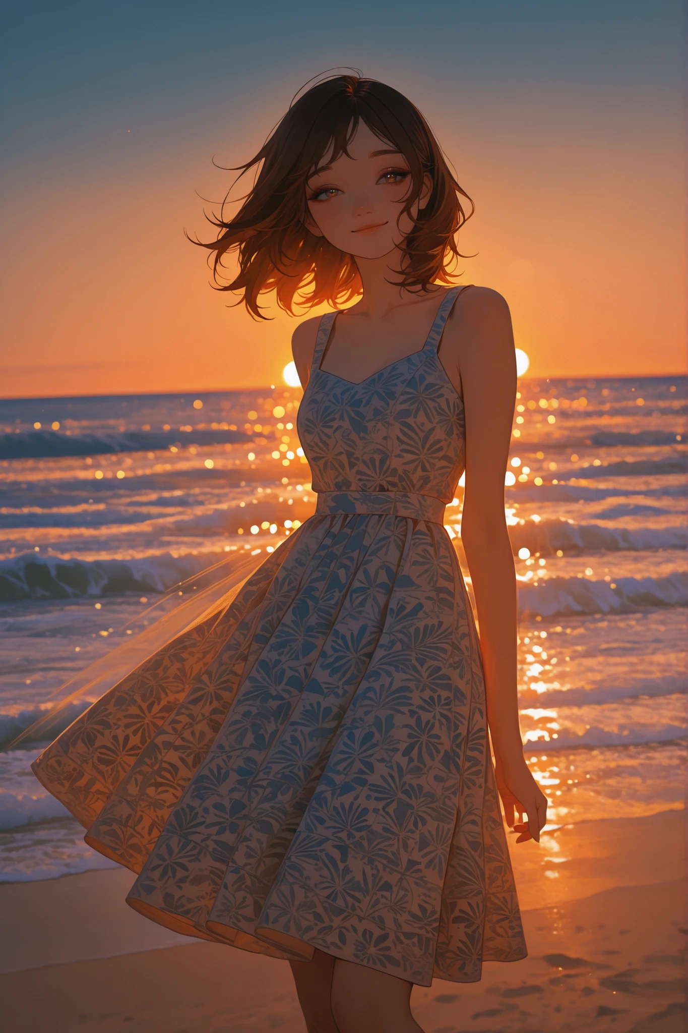 photography, finely detail, summer portrait, cute dress with patterns, wind-swept hair effect, detailed eye makeup, natural skin texture, beach lighting, golden hour atmosphere, motion blur effects, film grain, soft bokeh background, ocean waves, fashion model pose, carefree expression, slightly warm smile,