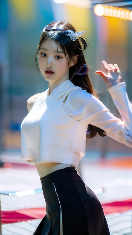 best quality, ultra high res, RAW photo, realistic, (solo), (photorealistic:1.4), a girl in blue sweater and grey skirt, dancing on an outdoor stage in a bright sunny day, the stage has no roof and has direct sunlight, she is looking at viewer, iu1, (iu), (lee ji eun), smile, small eyes, half-closed eyes, daytime, beautiful, masterpiece, extremely detailed face, perfect lighting, ultra detailed, bloom, (kpop idol), depth of field, small breasts
