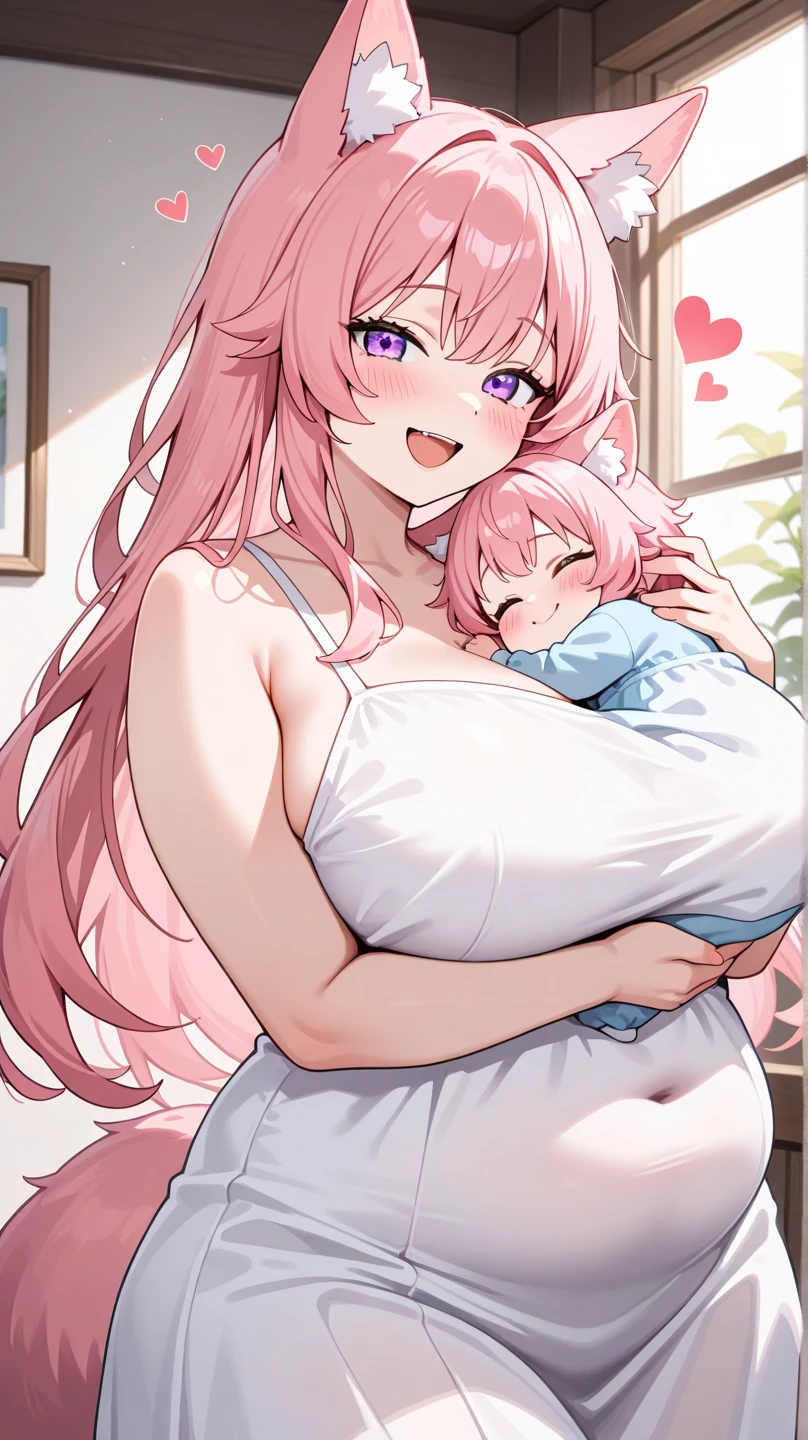 pregnant cute short young with long pink hair, blue eyes in purple bikini, both happy with a big round stuffed belly