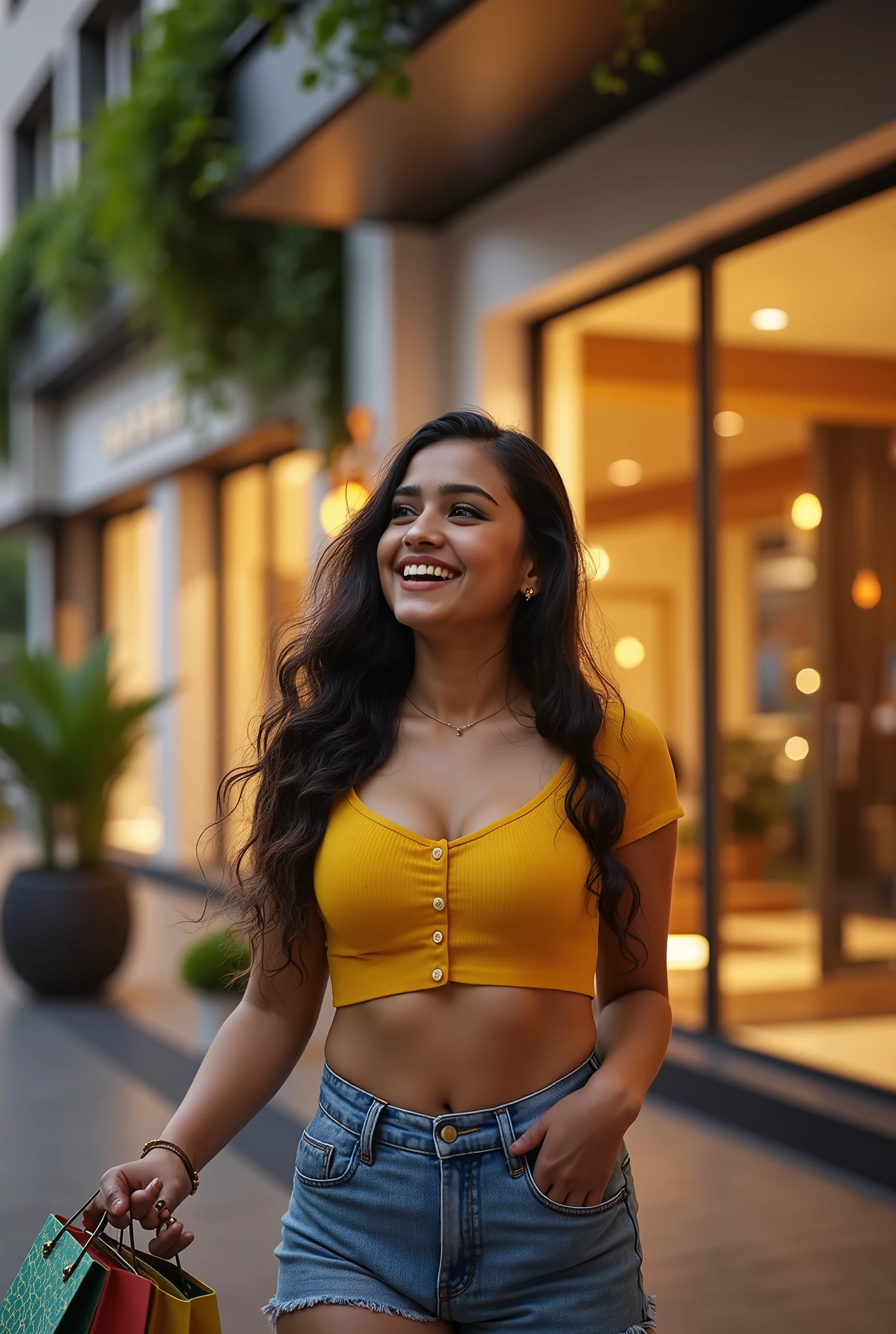 A stylish teenage girl shopping in Colombo city, holding shopping bags, walking past modern glass-front stores, tropical plants and tuk-tuks in background, joyful expression, evening light, cinematic lighting, vibrant colours, photorealistic, 16k, best quality, masterpiece, negative prompts ugly face, distorted face, deformed face, low quality, blurry, extra limbs, extra fingers, missing fingers, poorly drawn face, bad , unrealistic proportions, jpeg artifacts, watermark, text, signature, low resolution, cartoonish, grainy, overexposed, underexposed, low contrast, bad lighting, unnatural skin, poorly rendered, creepy