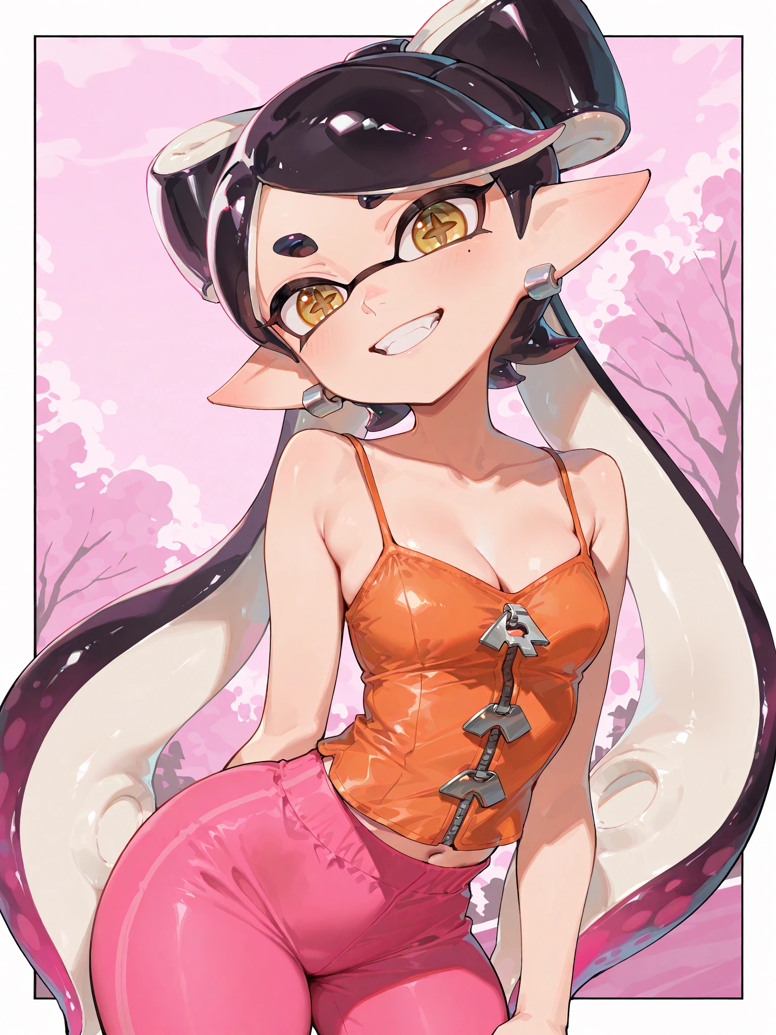 masterpiece, Real Anime、3D、clear screen、High resolution、(((Pink kimono))), Fascinating face, Good lighting, Low Cut, Fine details, masterpiece, Golden Eyes, (Splatoon Girl), Black tentacle hair, gag, bamboo, nezuko kamado, (nezuko cosplay)、Big Breasts、Cleavage、Wisteria Background, highest quality, throw, whole body, Wide Hips,