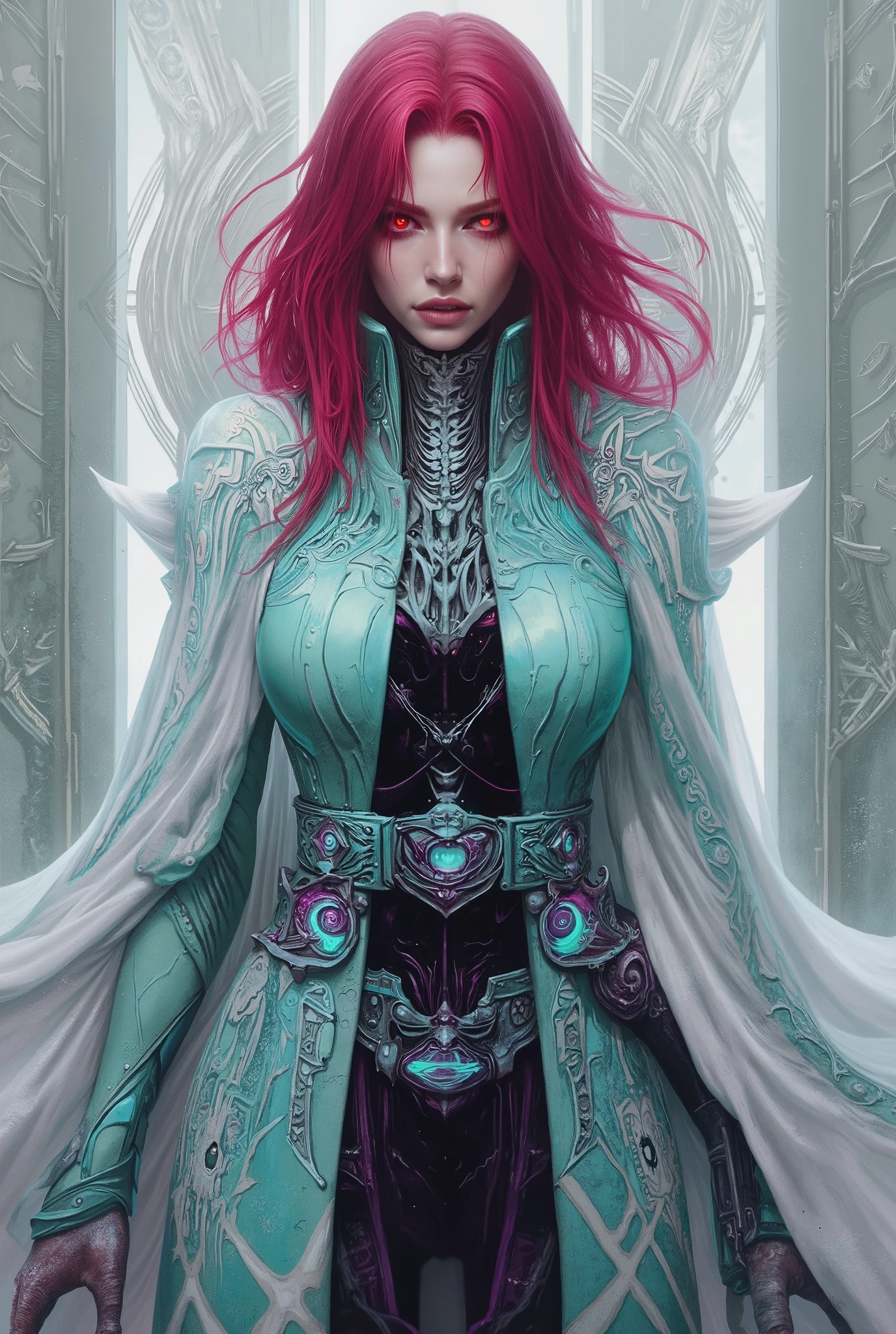 She's striking a bold attacking pose, neon colored, (Best Quality , 4K , 8K , High Resolution , Masterpiece: 1 . 2) , (Super Detailed , Realistic , Photorealistic:1 . 37), A mystical female figure with red hair and glowing red eyes, wearing an elegant futuristic robe with geometric patterns and eye-like motifs. Her armor is cian and magenta, biomechanical in design, with symmetrical glowing ornaments and intricate details. elegant posing, bold posing, Art style inspired by Yoshitaka Amano and H.R. Giger, with a divine, sci-fi aesthetic. Center composition, clean background with sacred geometric lines, ultra-detailed, soft gradient lighting, 8K, digital painting.